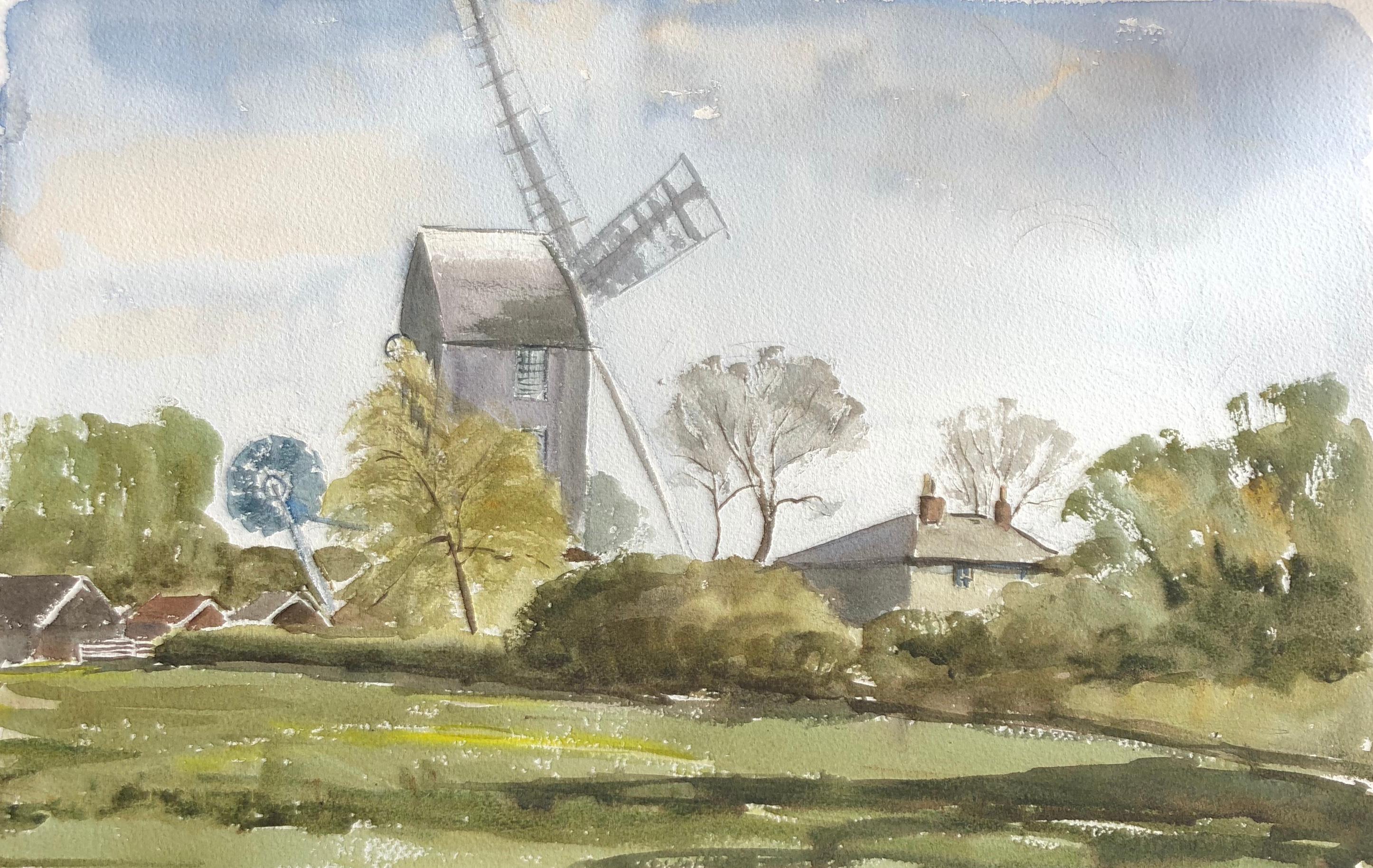 Ronald Birch Landscape Painting - Saxshead Mill Waterford, original British watercolour painting