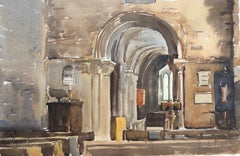 Studland Church Interior, signed original British watercolour painting