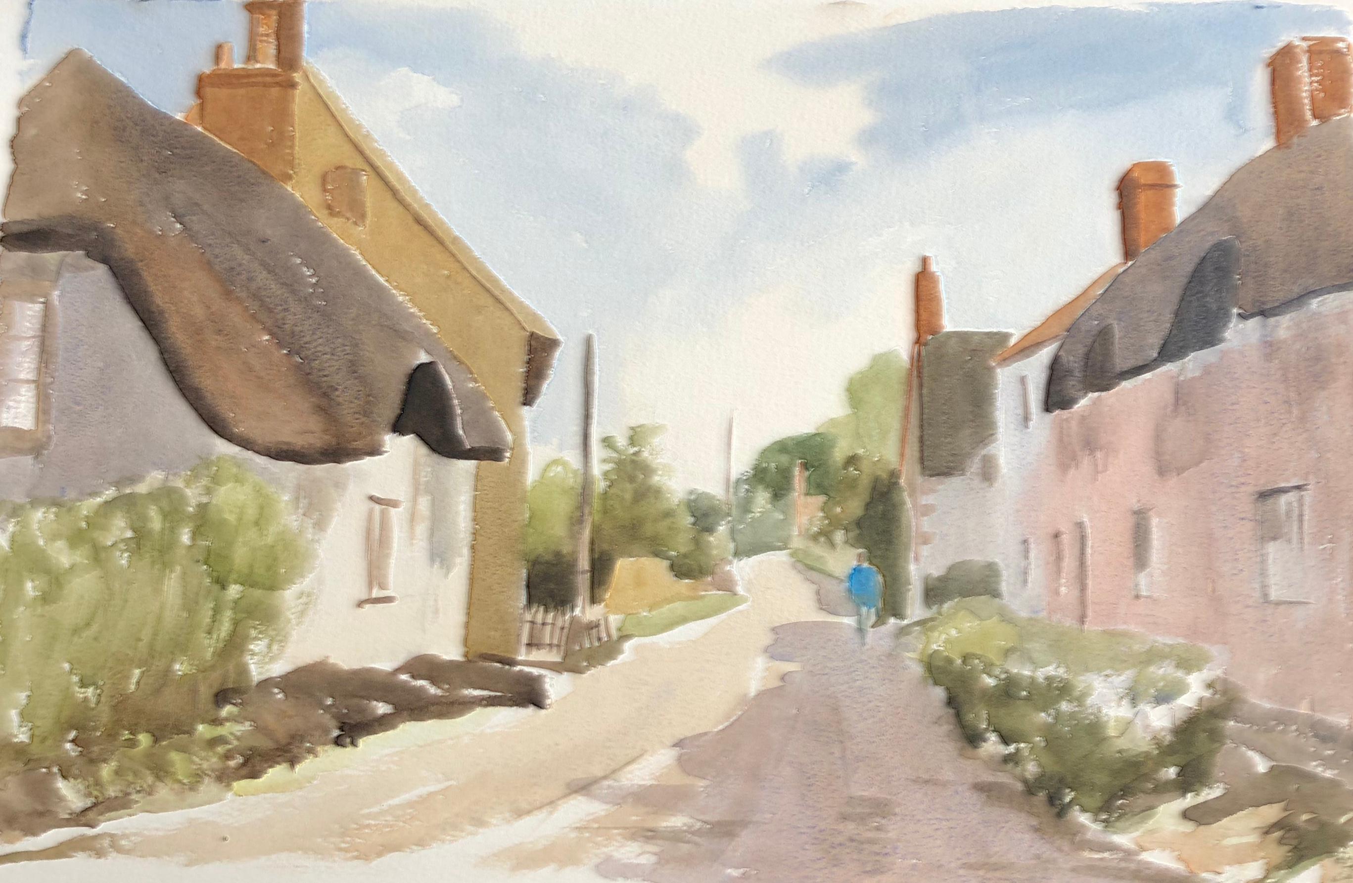 Ronald Birch Landscape Painting - Thatched Cottages rural street, original British watercolour painting