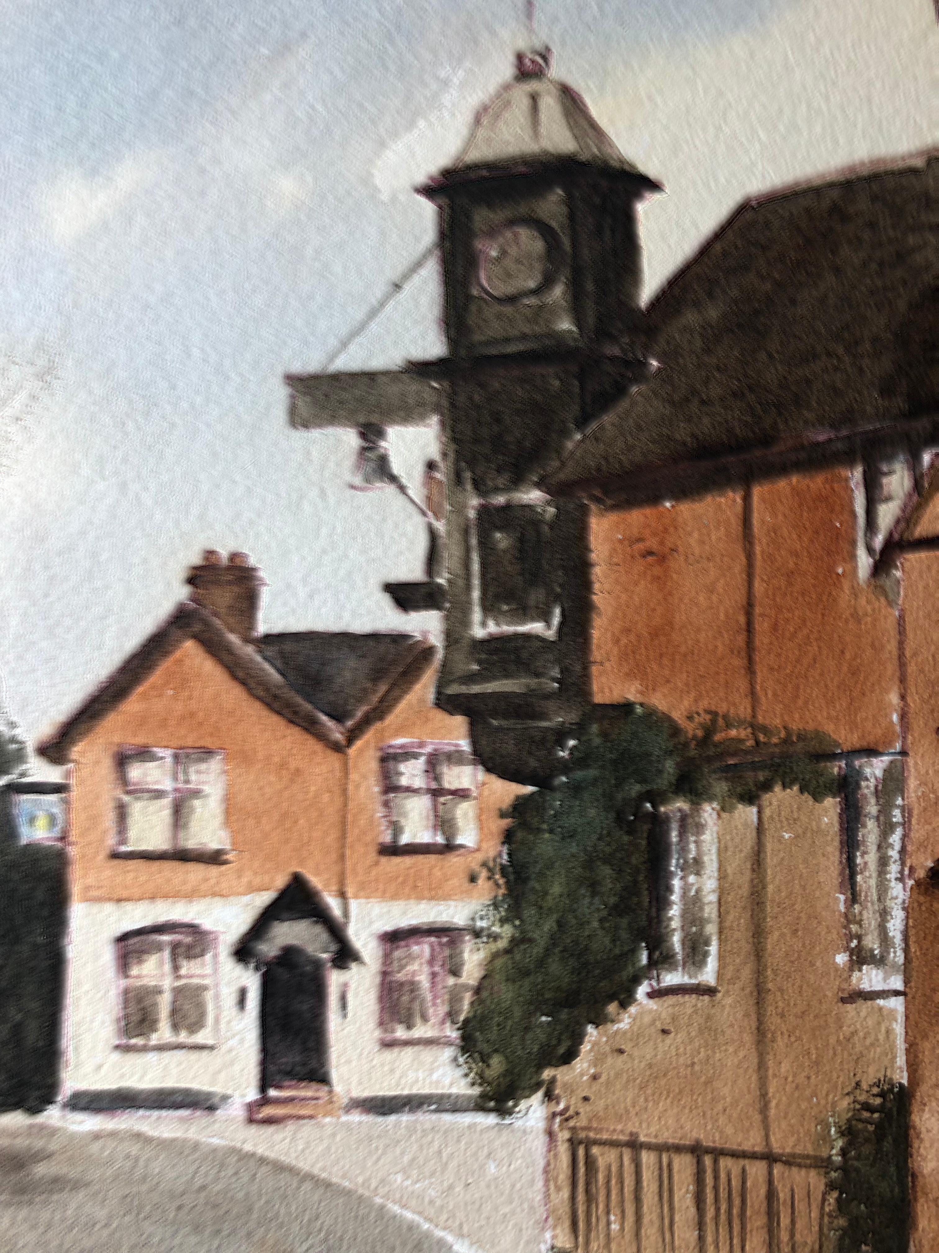 La tour de l'horloge, ville anglaise, peinture à l'aquarelle britannique originale signée - Impressionnisme Painting par Ronald Birch