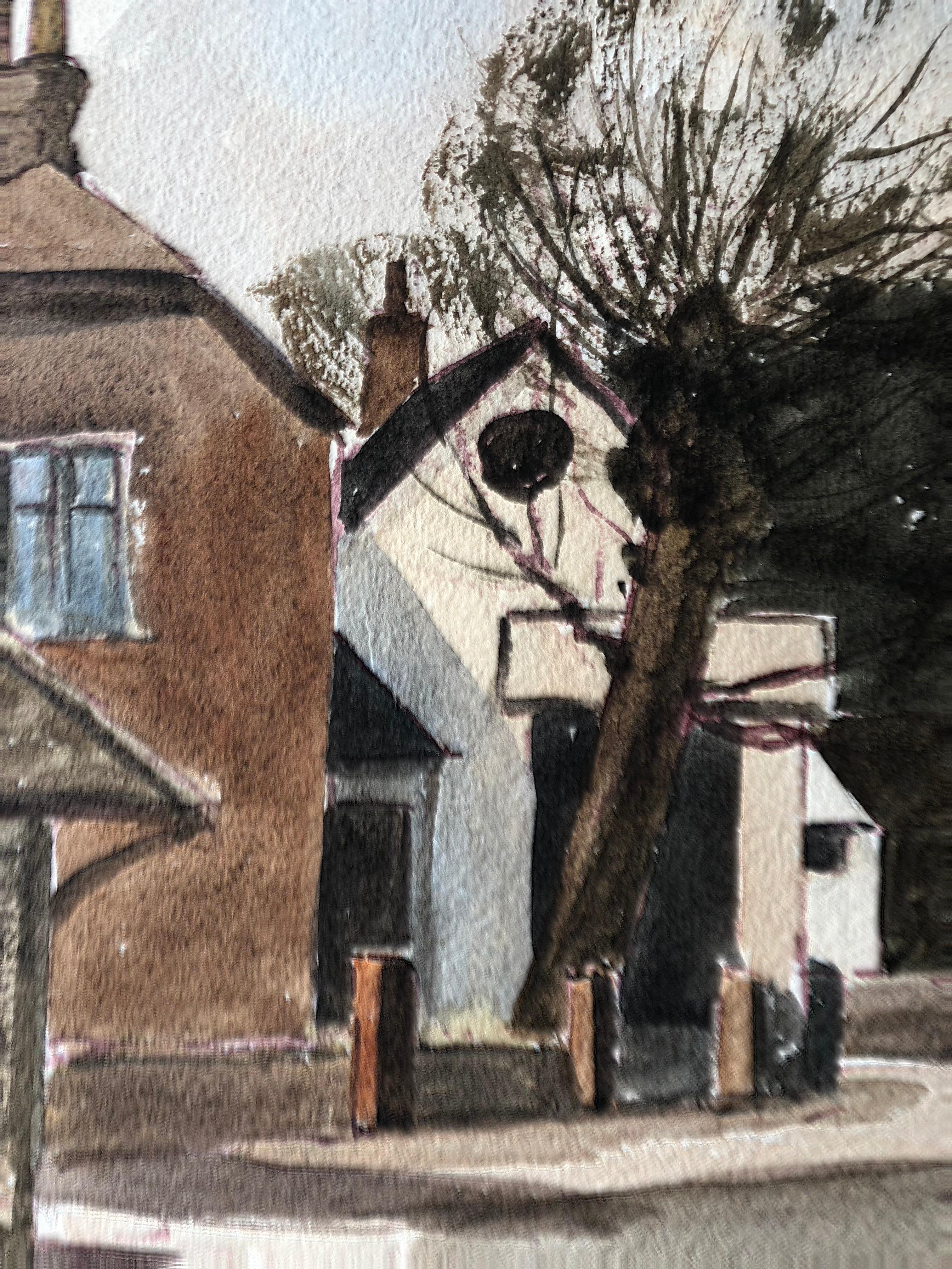 La tour de l'horloge, ville anglaise, peinture à l'aquarelle britannique originale signée - Beige Landscape Painting par Ronald Birch