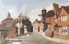 Vintage The Clock Tower, English Town, signed original British watercolour painting