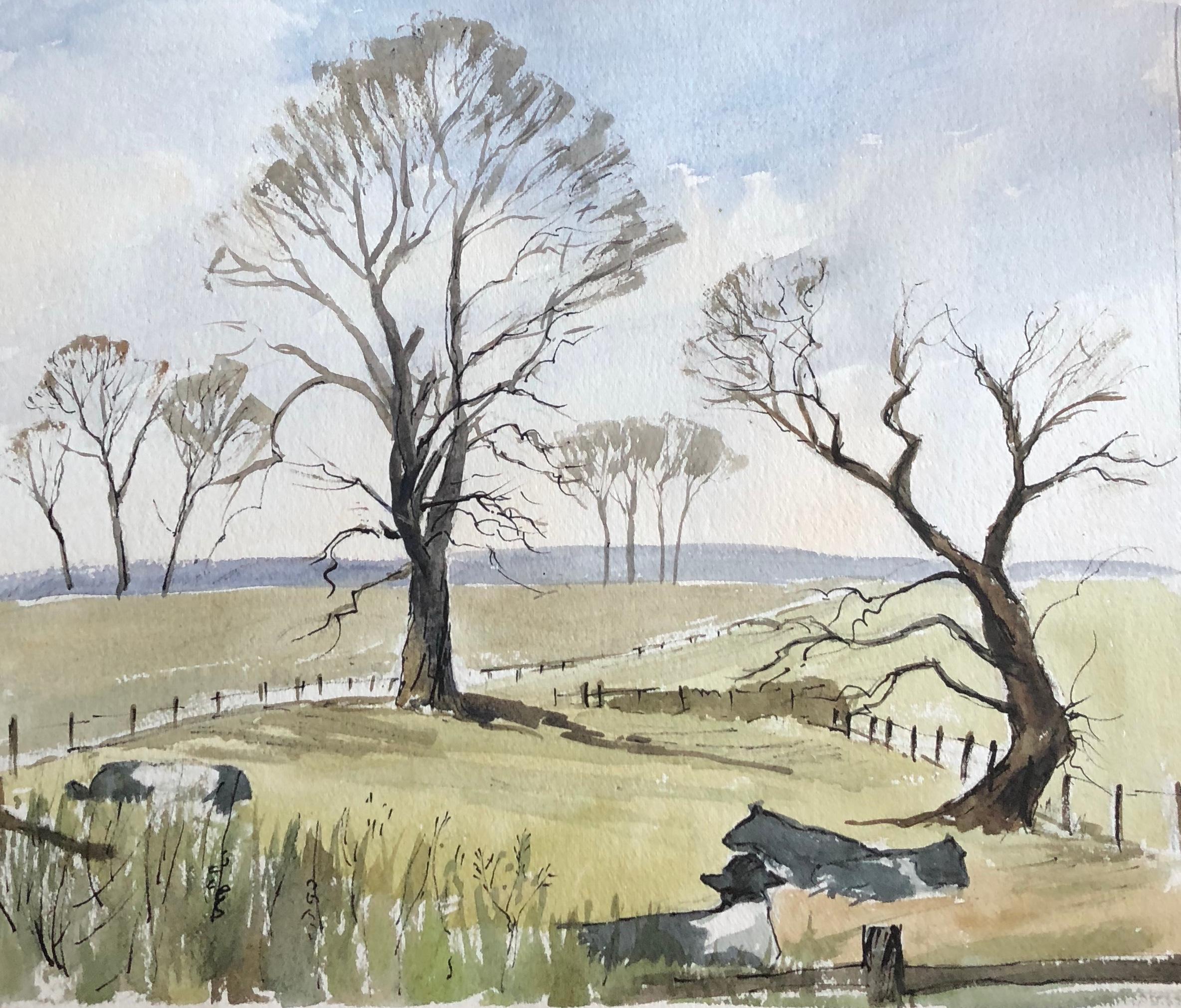 Ronald Birch Landscape Painting - Trees in Landscape original British watercolour painting