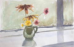 Retro Vase of Flowers, original British watercolour painting