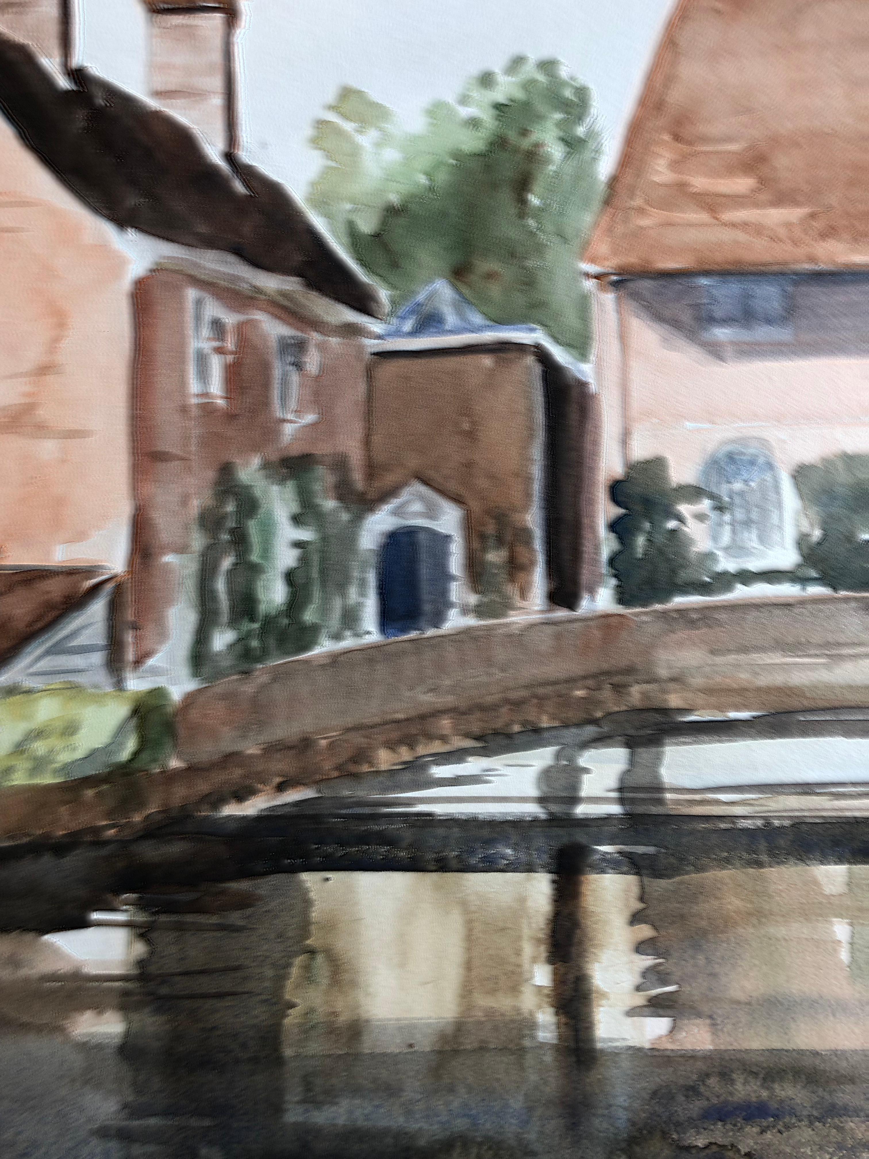 Scena del ponte del villaggio, acquerello originale britannico - Painting di Ronald Birch