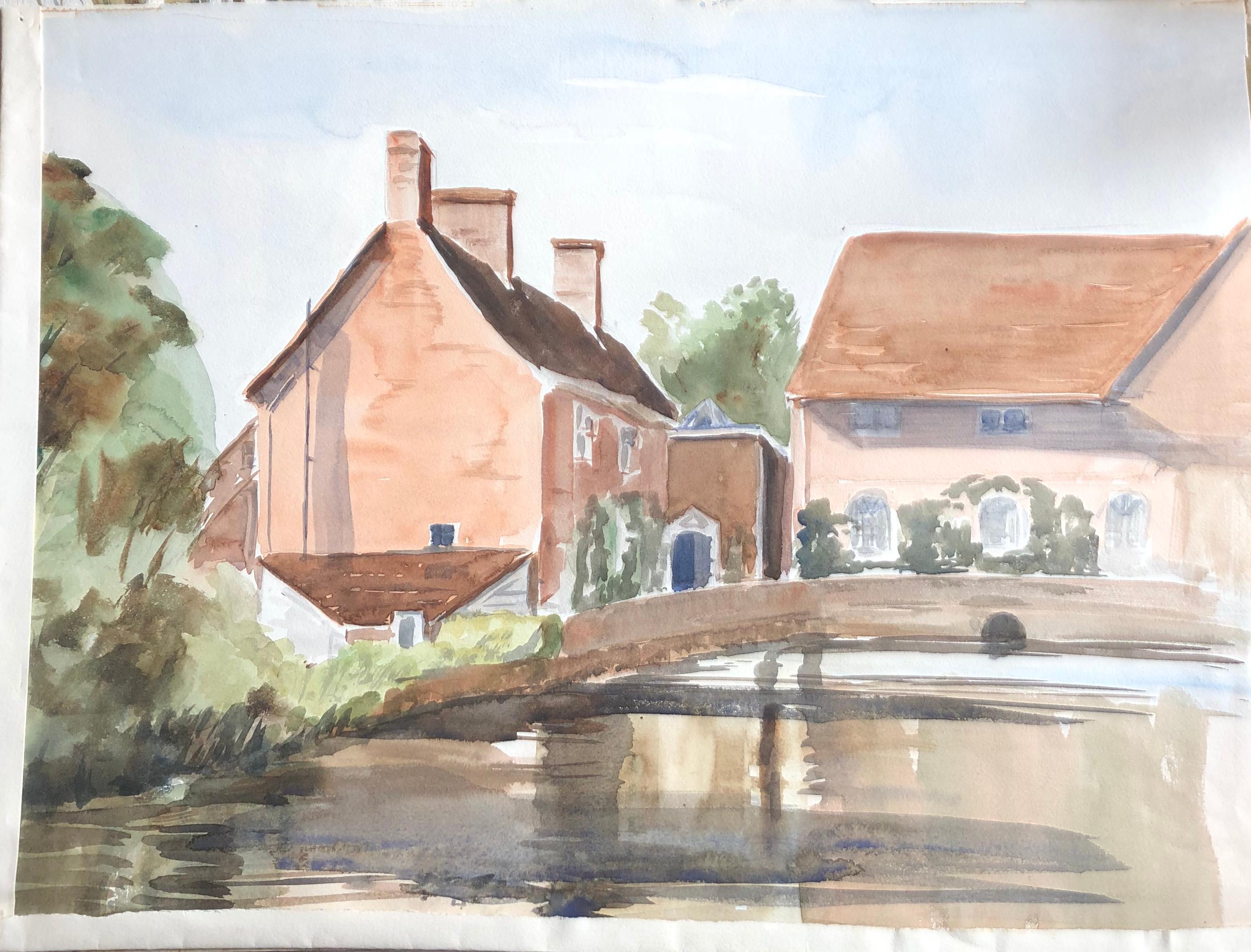 Ronald Birch Landscape Painting - Village Bridge Scene, original British watercolour painting