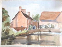 Escena del puente del pueblo, pintura original británica en acuarela