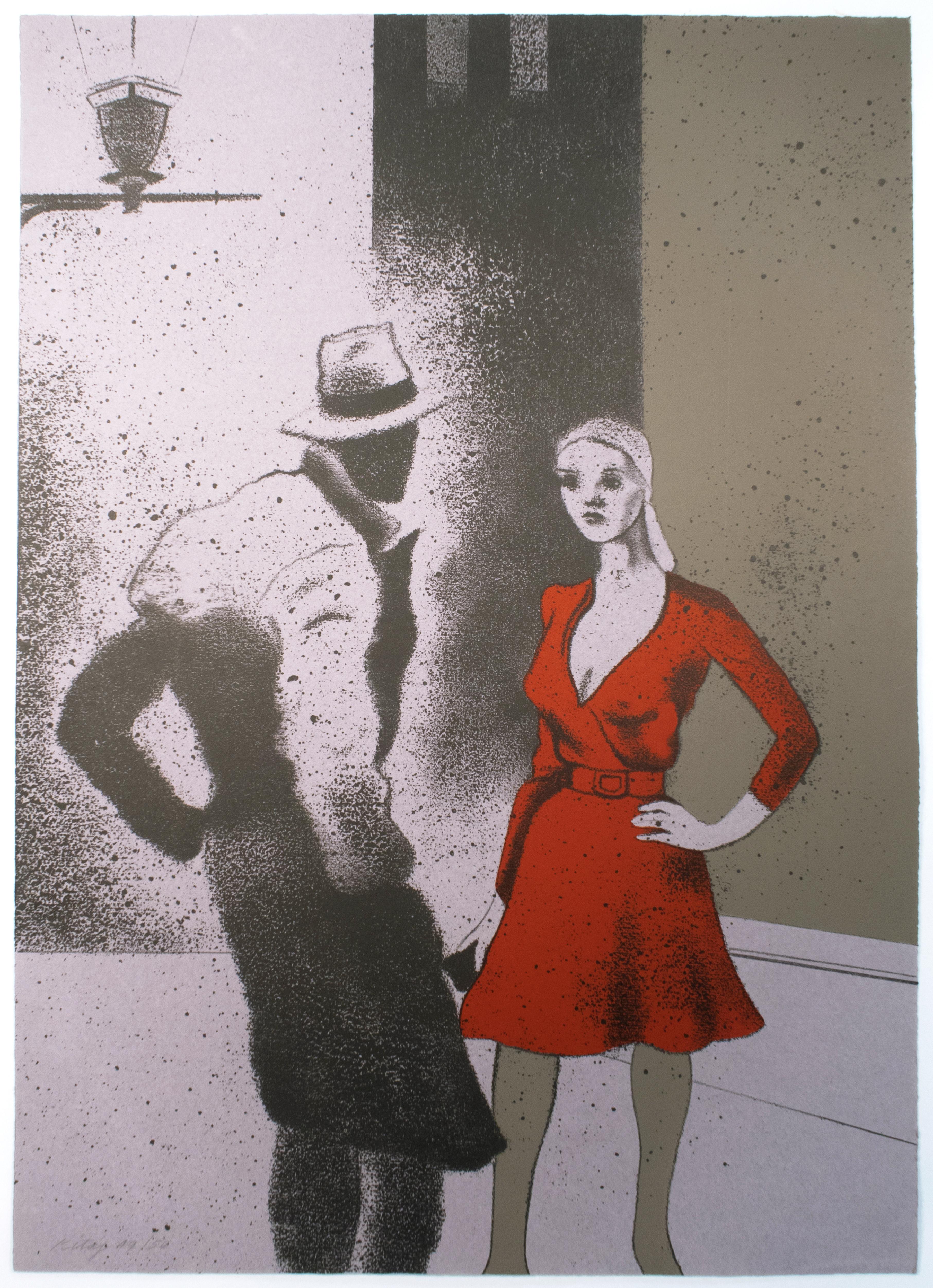 Ronald Brooks Kitaj Portrait Print - A Life (B) R.B. Kitaj Film noir night city scene of woman in red dress 
