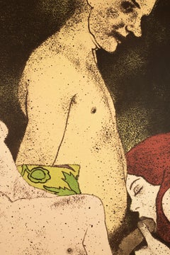 A Rash Act: erotic drawing of nude blonde, redhead, and man with art deco motifs