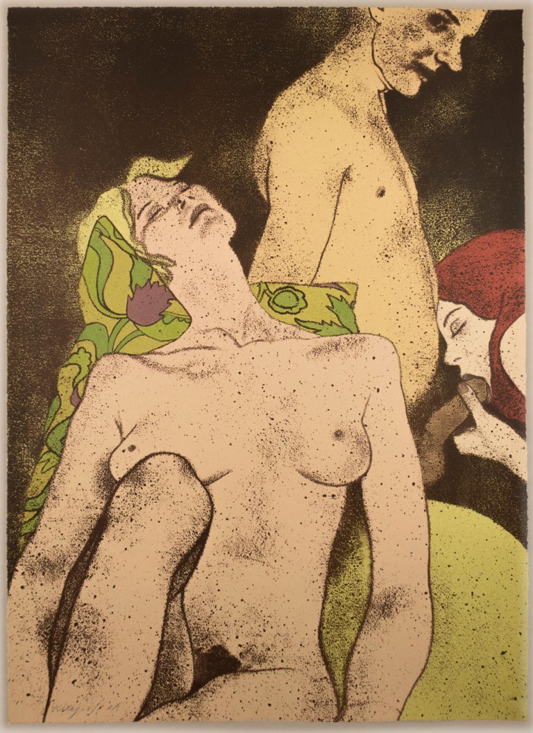 Ronald Brooks Kitaj Nude Print - A Rash Act: erotic drawing of nude blonde, redhead, and man with art deco motifs