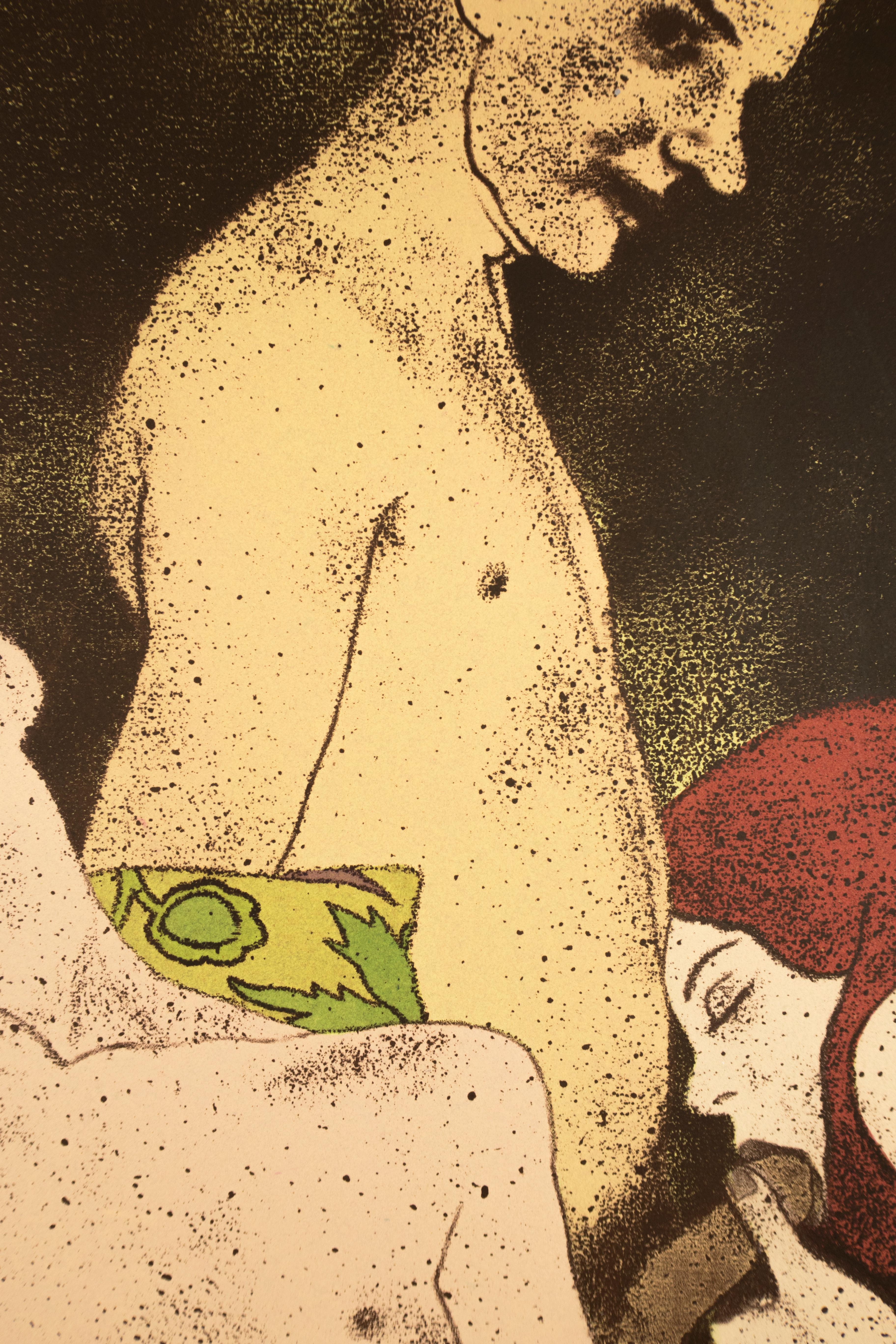 A Rash Act: erotic drawing of nude blonde, redhead, and man with art deco motifs - Print by Ronald Brooks Kitaj