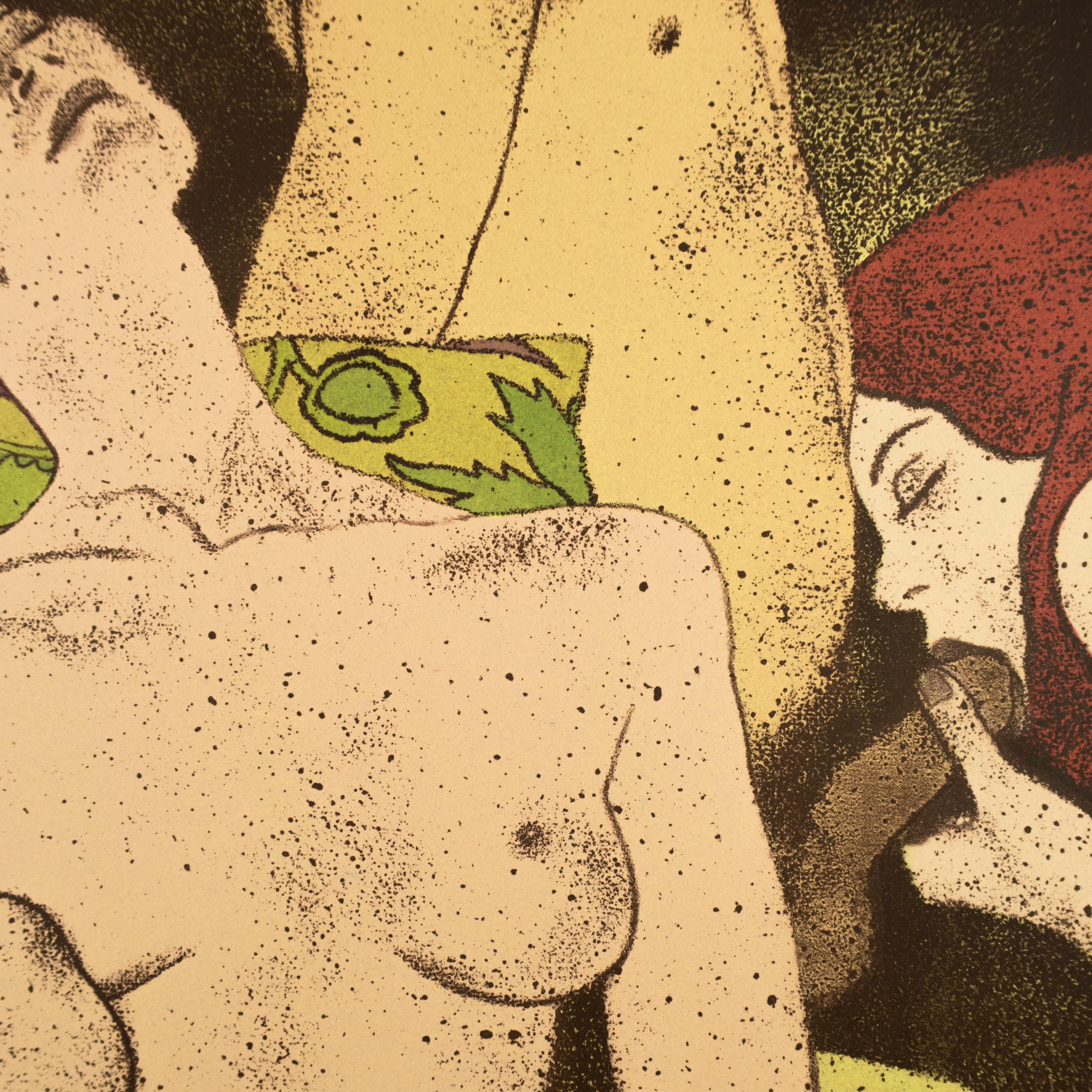 A Rash Act: erotic drawing of nude blonde, redhead, and man with art deco motifs - Realist Print by Ronald Brooks Kitaj