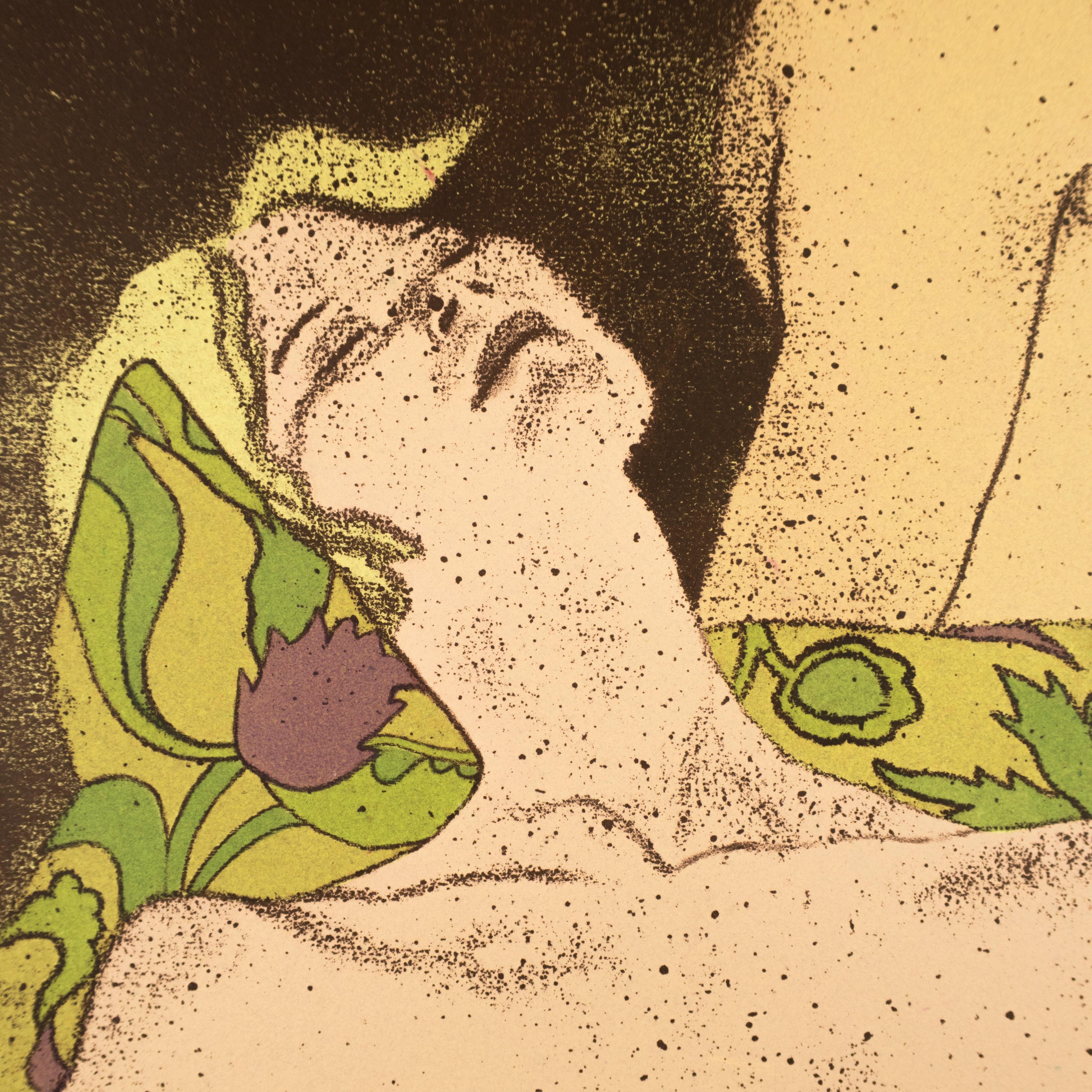 A colorful erotic daydream drawing of a nude blonde fantasizing, with a redhead woman, and man. Green and purple patterns on hair and pillows, and art deco motifs, adorn this sensual print. A nude woman reclines, her eyes closed in apparent ecstasy,