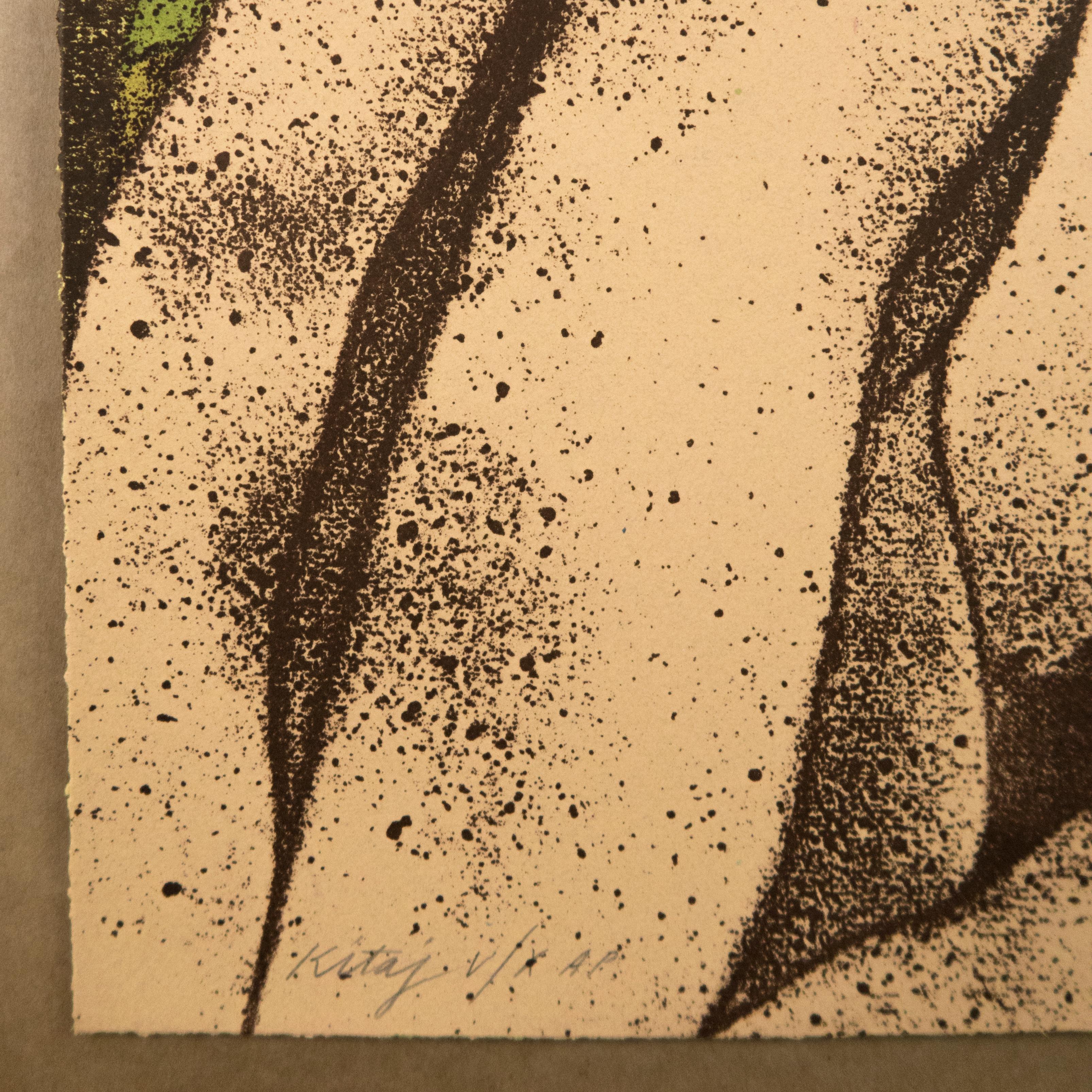 Un colorato disegno erotico ad occhi aperti di una bionda nuda che fantastica con una donna dai capelli rossi e un uomo. Motivi verdi e viola su capelli e cuscini e motivi art déco adornano questa stampa sensuale. Una donna nuda è sdraiata, con gli