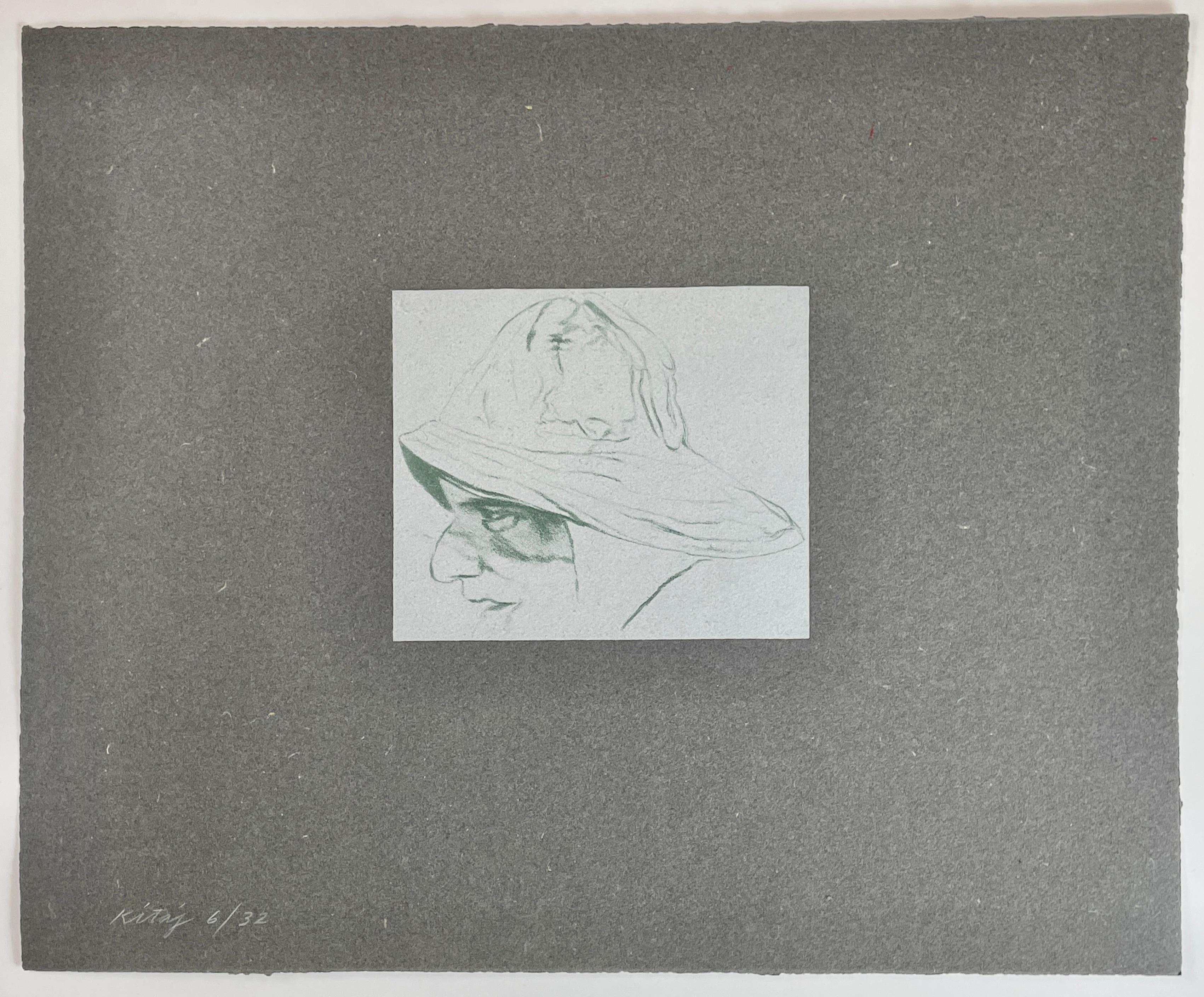 Ronald Brooks Kitaj Figurative Print - Cap'n A.B Dick (A) gray fisherman portrait sou'wester hat R.B. Kitaj lithograph