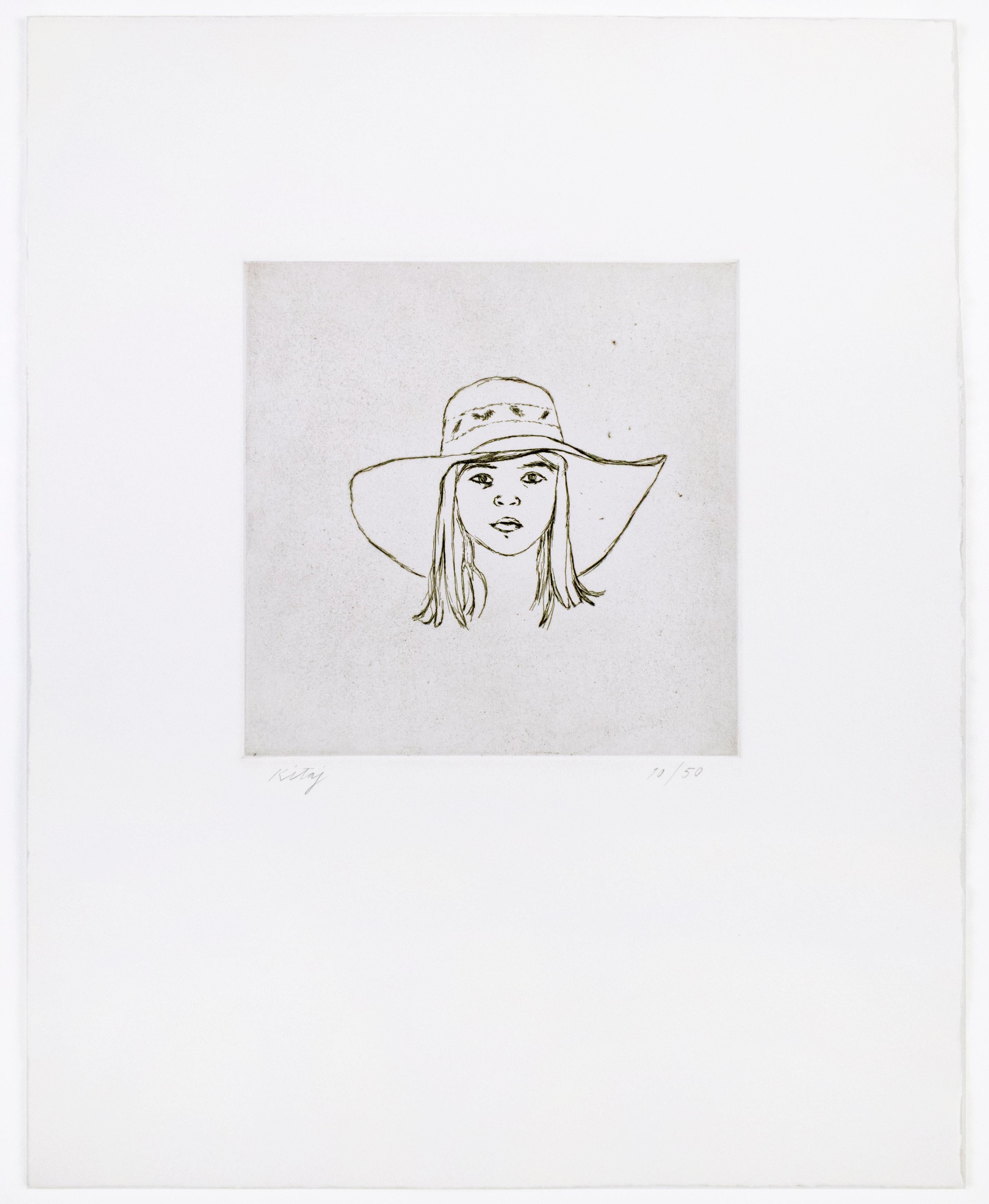 Dominie in Catalonia, Kitaj drawing black white portrait of young girl with hat - Print by Ronald Brooks Kitaj