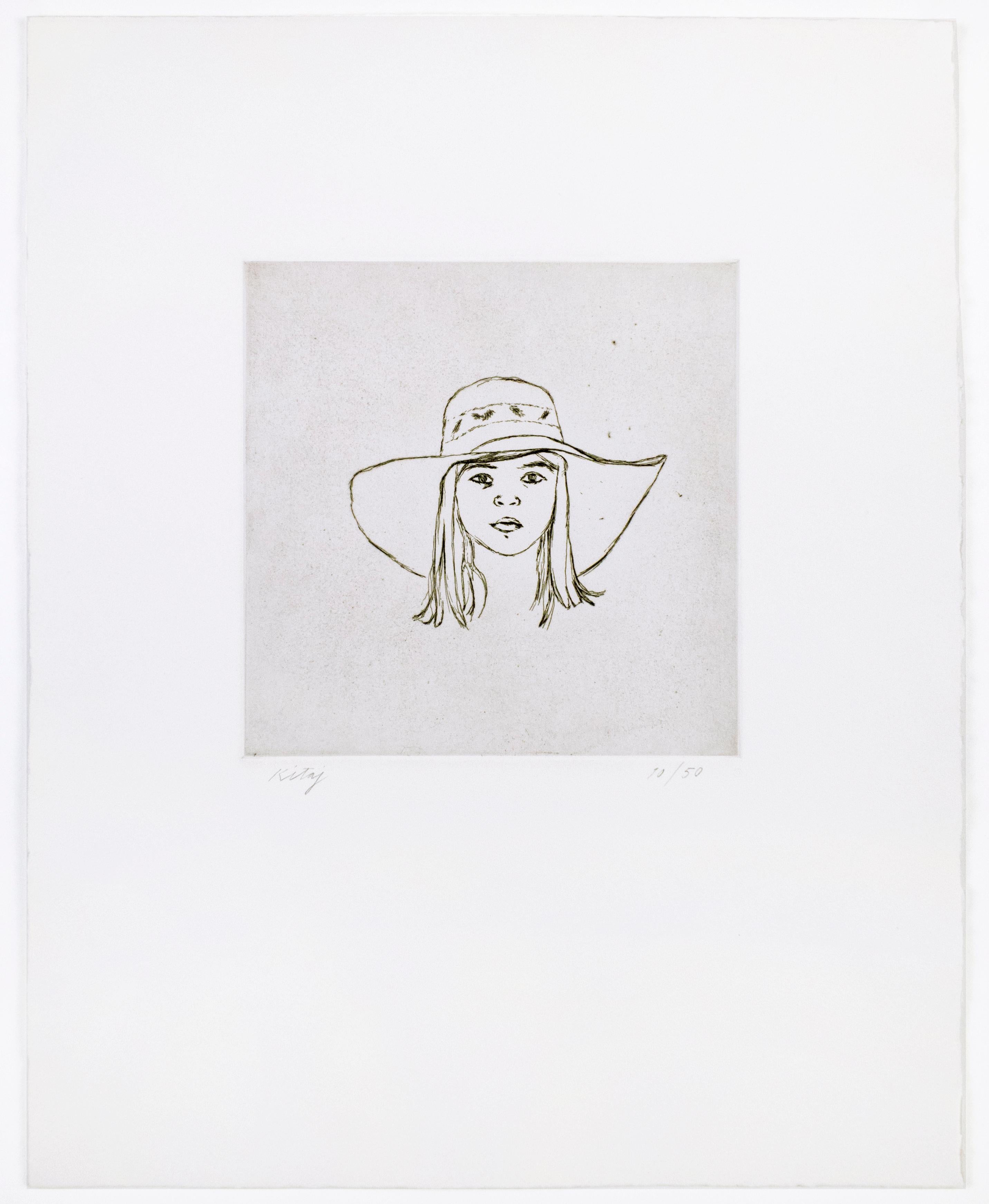 Dominie in Katalonien, Kitaj, Zeichnung, Schwarz-Weiß-Porträt eines jungen Mädchens mit Hut – Print von Ronald Brooks Kitaj