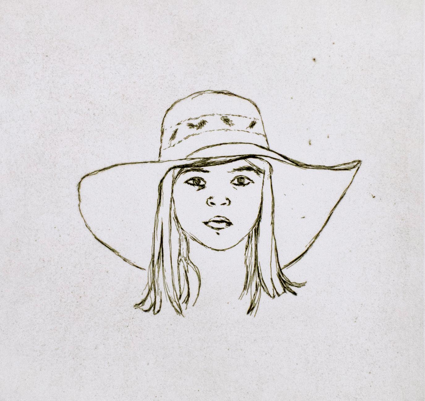 Dominie in Catalonia, Kitaj drawing black white portrait of young girl with hat