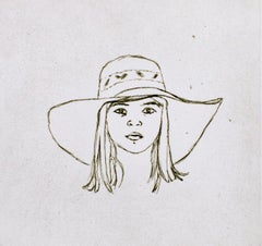 Dominie en Catalogne, Whiting dessinant en noir et blanc le portrait d'une jeune fille avec un chapeau