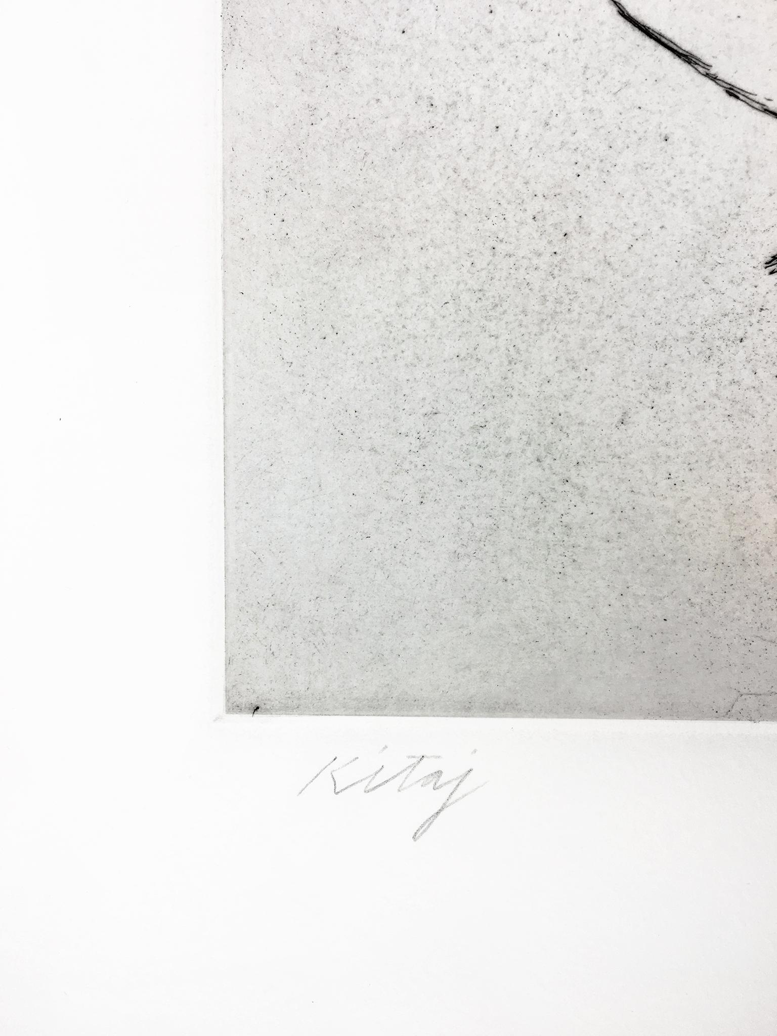 Questo ritratto in bianco e nero disegnato a mano di Dominie, la figlia adottiva di Kitaj, è una delle poche acqueforti prodotte dall'artista. La forma dell'ampio cappello da sole di Dominie e la sua fascia a fantasia mettono in risalto le linee