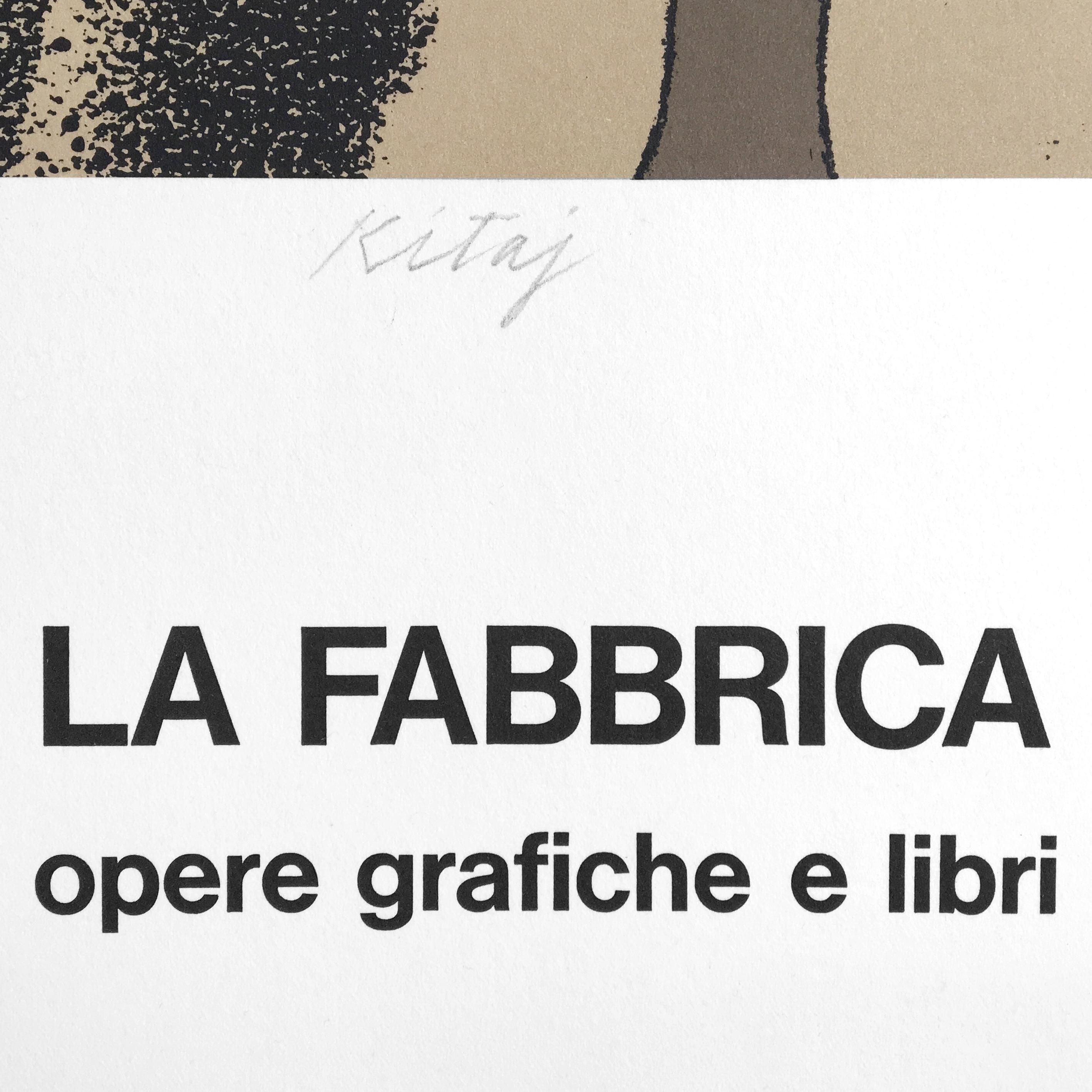 La Fabbrica, Milan (A Life 1975) signed vintage poster, woman in red dress - Print by Ronald Brooks Kitaj