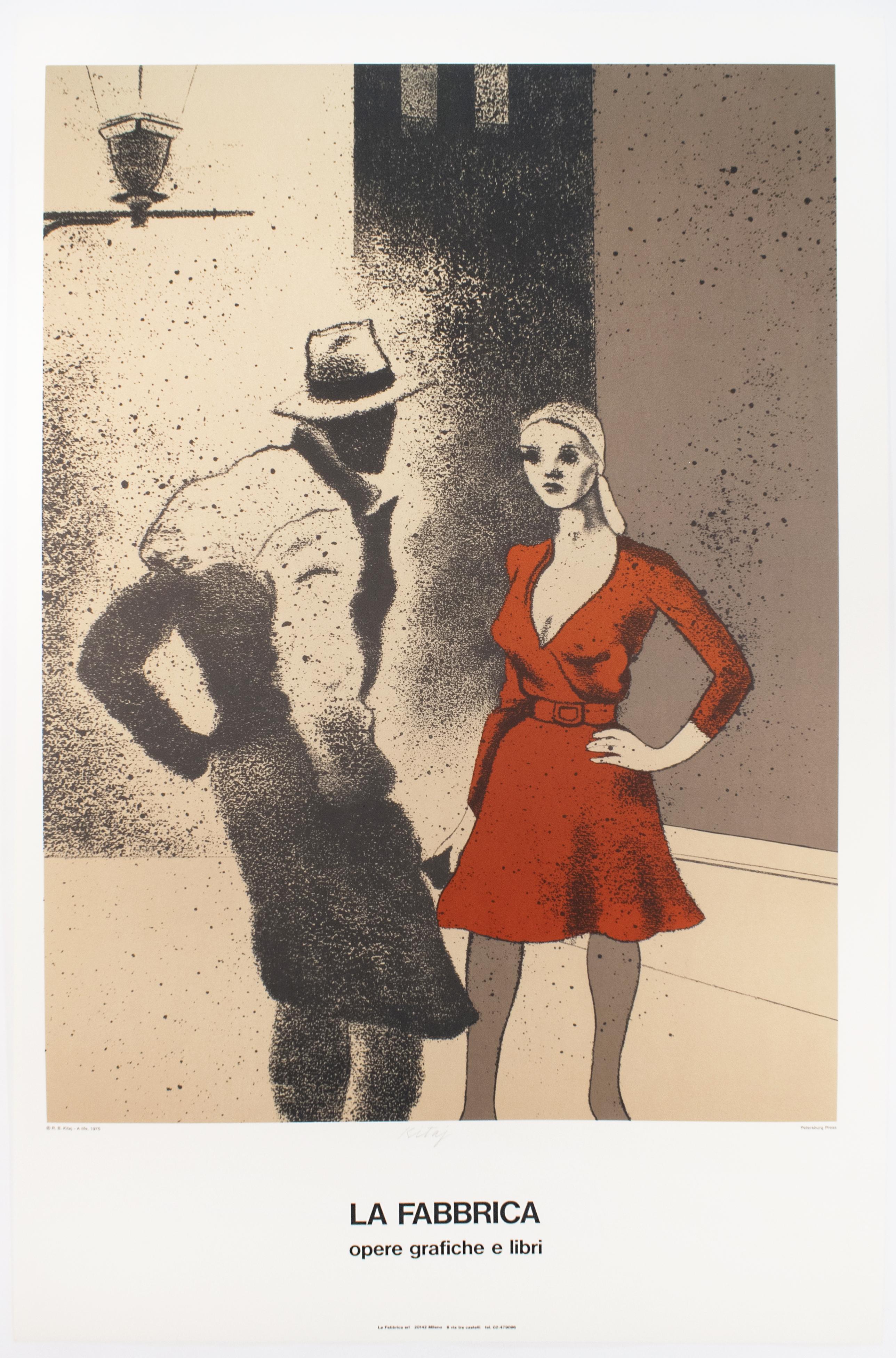 Ronald Brooks Kitaj Figurative Print - La Fabbrica, Milan (A Life 1975) signed vintage poster, woman in red dress