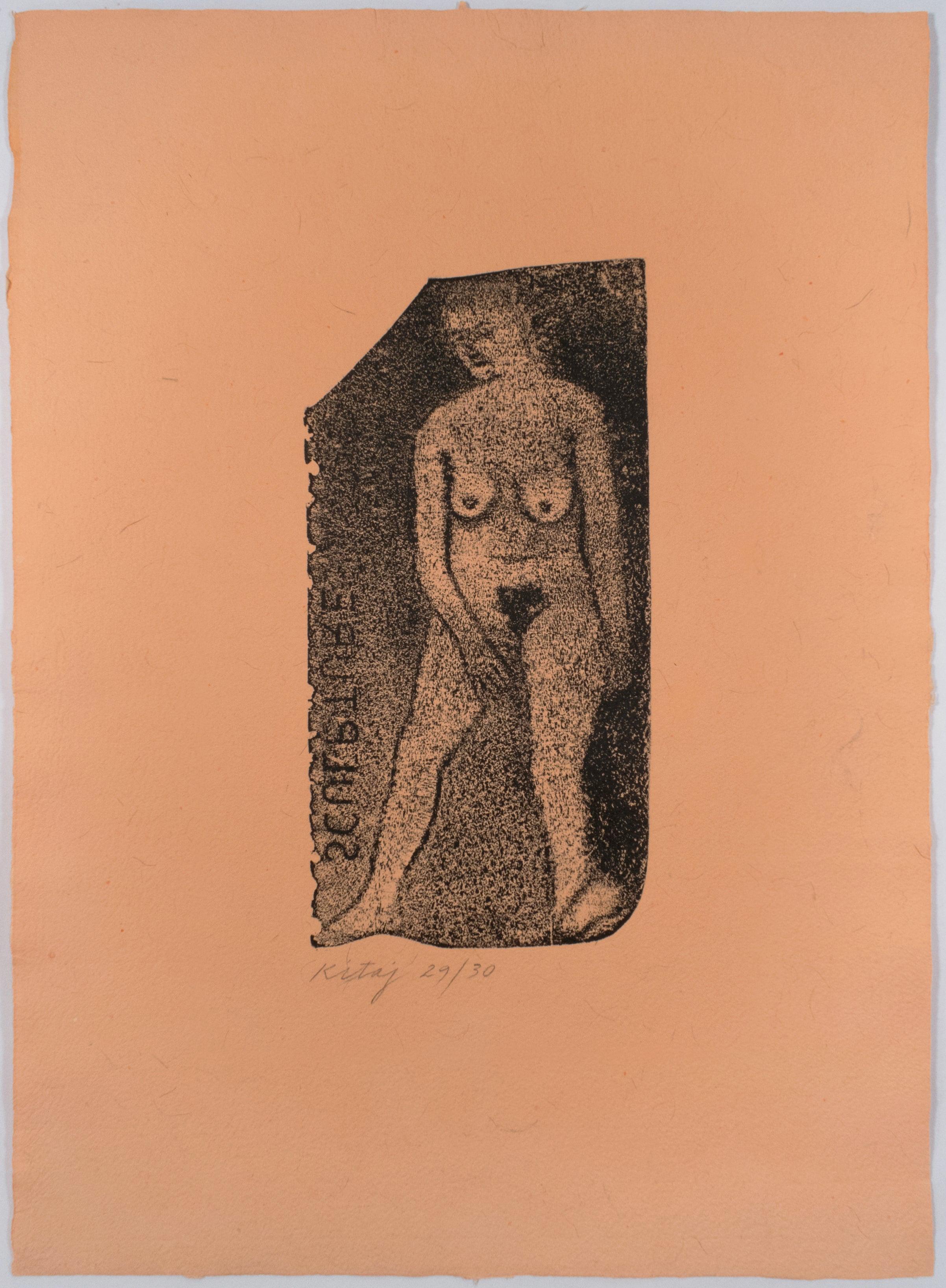 Nude Sculpture R.B. Kitaj drawing of nude woman on handmade orange paper print - Print by Ronald Brooks Kitaj
