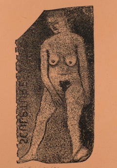 Sculpture d'un nu R.B. Dessin Kitaj d'une femme nue sur papier orange fait à la main imprimé