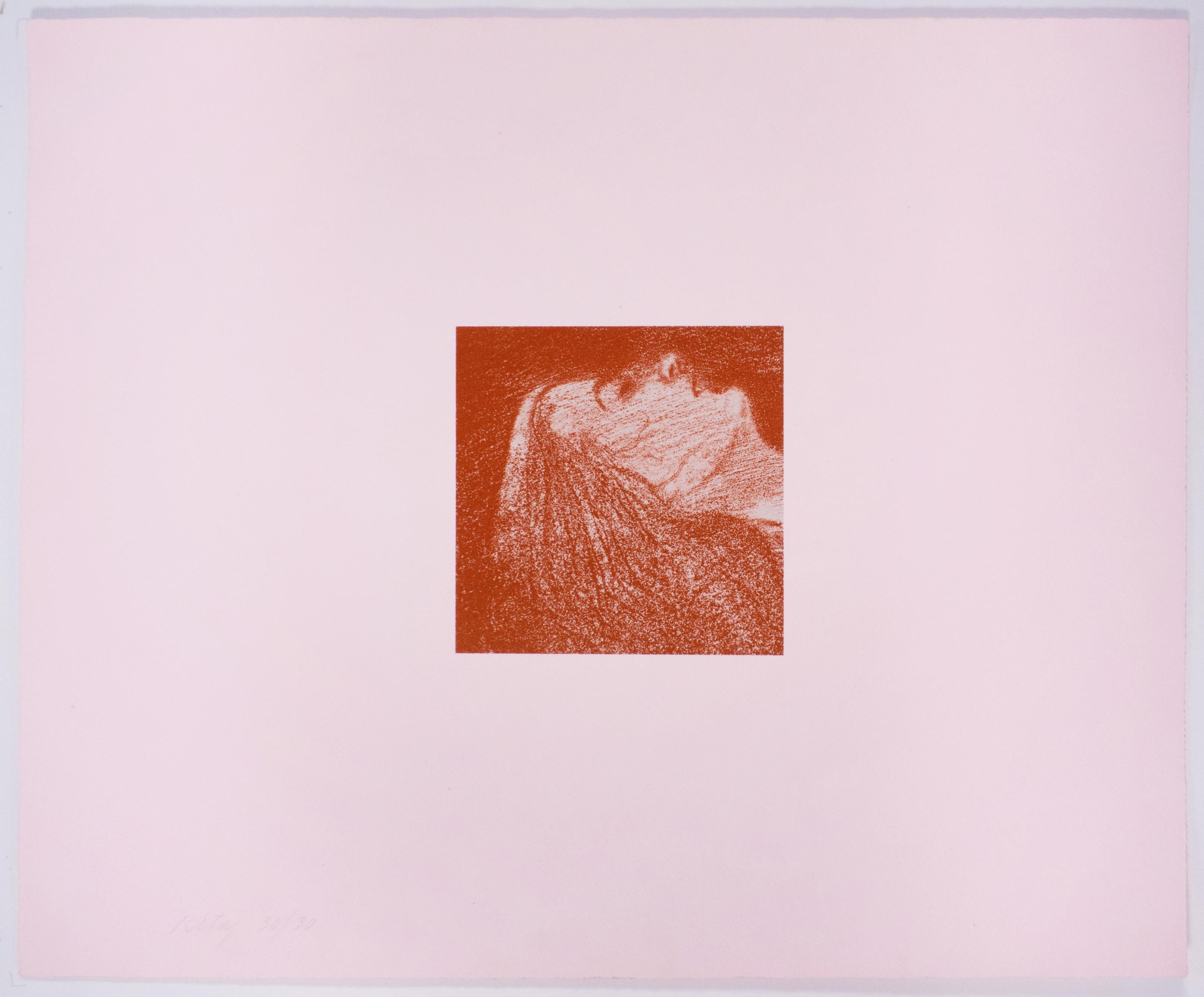 R.B. Kitaj Orgasm: drawing of woman in ecstasy with pale pink and clay red  - Print by Ronald Brooks Kitaj