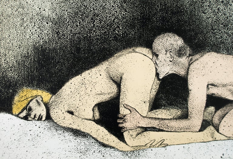 An erotic dalliance between a nude blonde woman lying down, and nude man, on a bed with white sheets. Subtle shades of peach, tan, yellow, and grey and black shadow behind the couple. Kitaj's elegant drawing tempers this shocking scene. Edgy