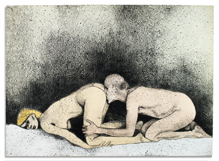 Ronald Brooks Kitaj Nude Print - Some do not (A) R.B. Kitaj erotic nude drawing of nude blonde with man on bed