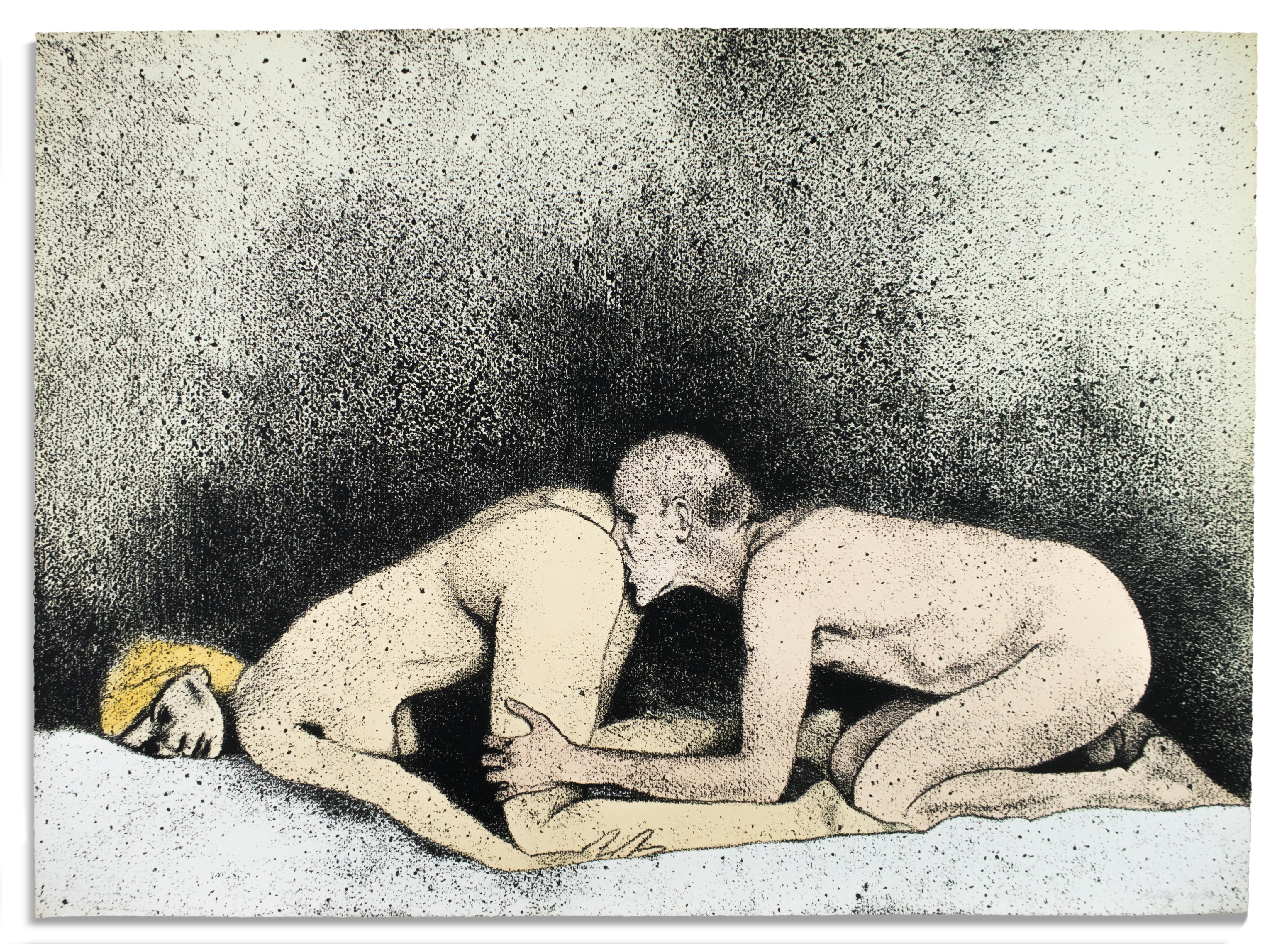 Portrait Print Ronald Brooks Kitaj - Certains ne le font pas (A) I. B. Kitaj dessin érotique d'une blonde nue avec un homme sur un lit