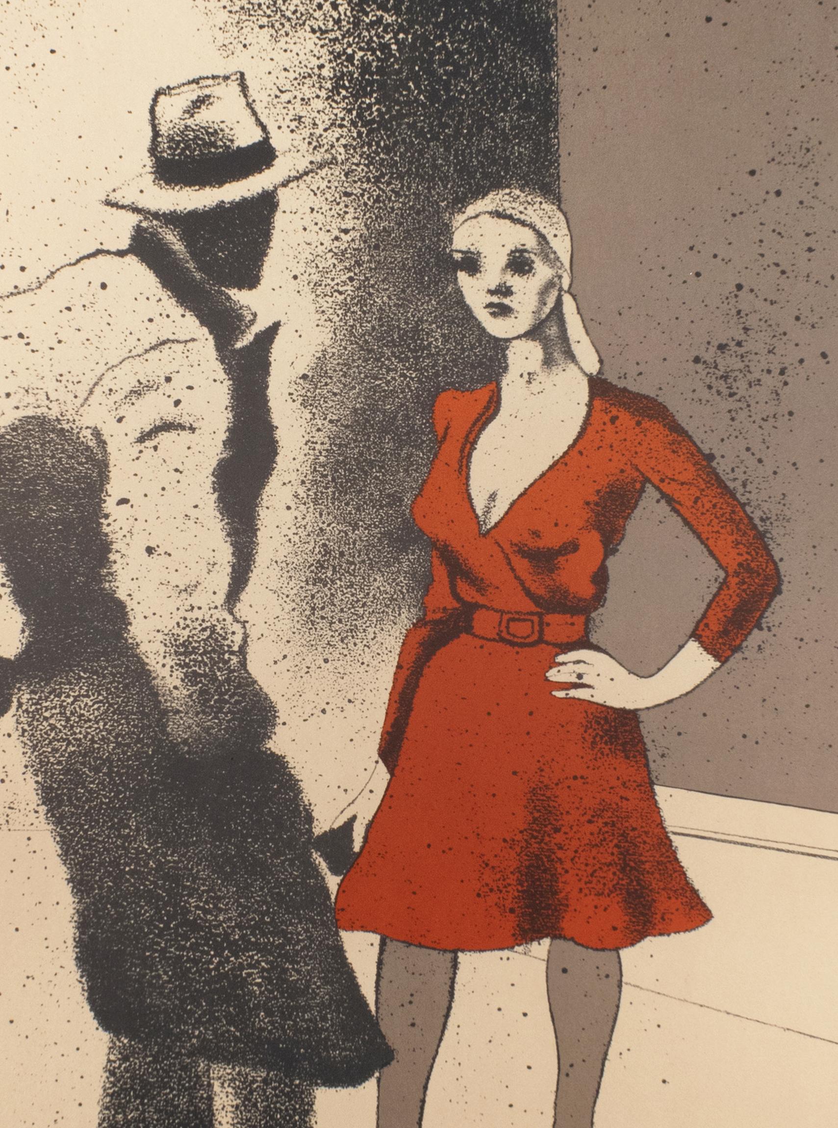 Affiche vintage signée Kitaj, La Fabbrica, Milan (A Life 1975), femme en robe rouge - Print de Ronald Brooks Kitaj