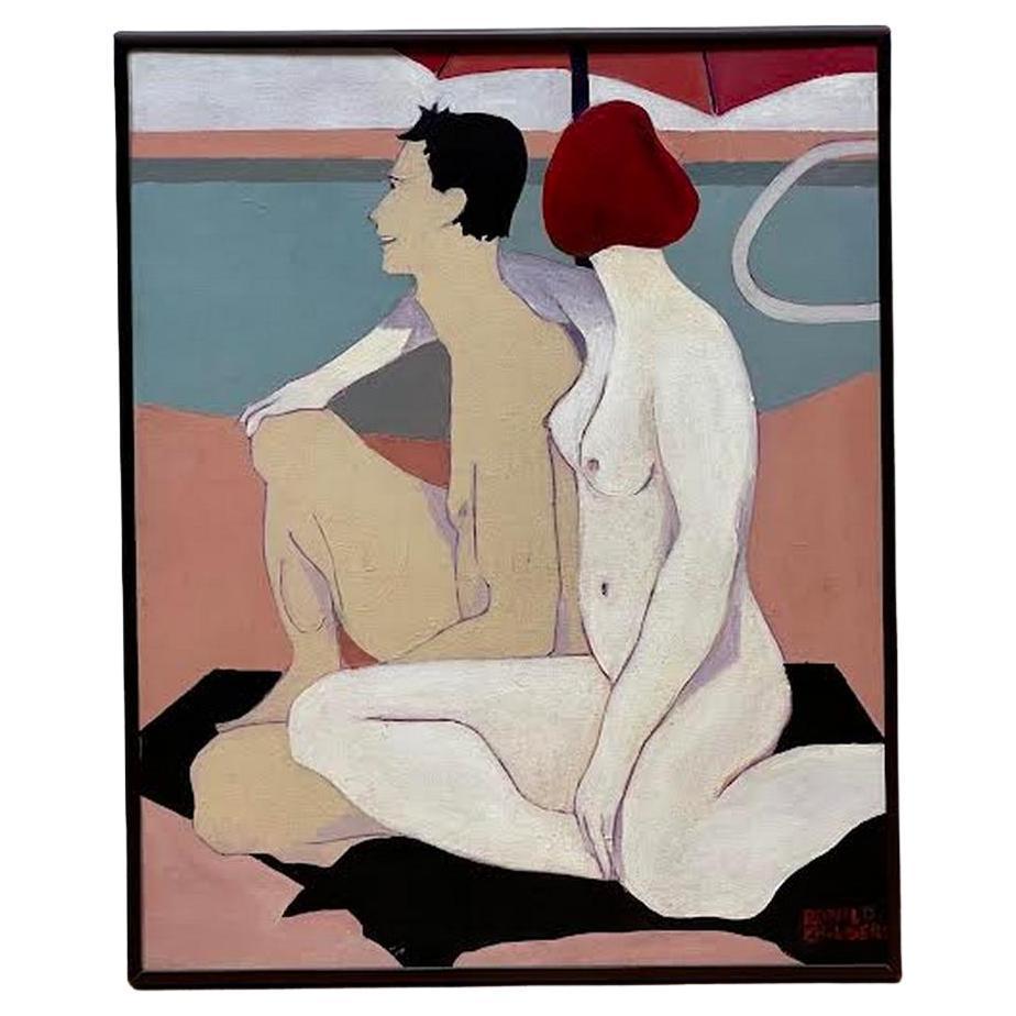 This acrylic painting features a nude couple at the beach turning their backs to look at the shore. The pale skin complexion of the red hair woman contrasts with the warm tan of her black hair lover. The overall impression is relaxed and peaceful
