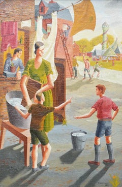 Funfair - British Art Deco 1930's oil painting family portrait children fair
