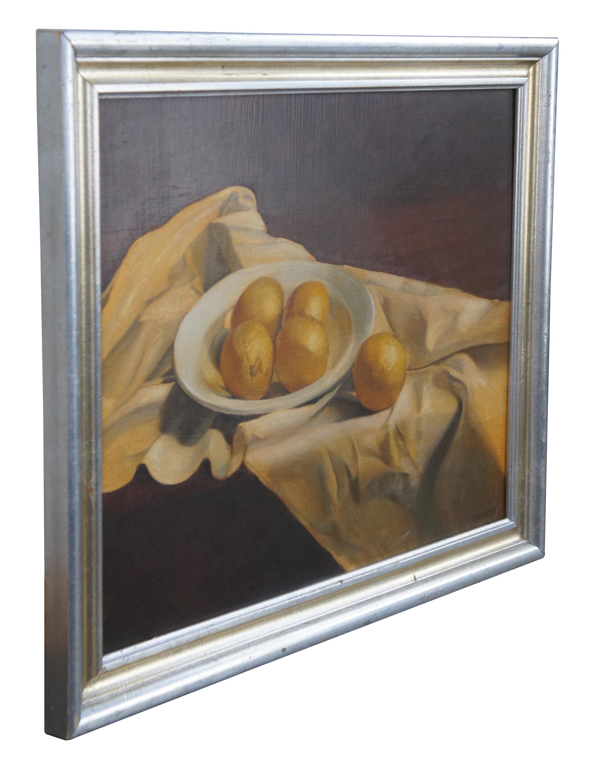 Vintage Ronald Renmark oil painting on canvas featuring a bowl of lemons on a ruffled tablecloth. Signed lower right.

Ronald Eastbourne Renmark (American 20th-21st Century) is a romantic realist painter from Richmond Virginia. Born in 1938