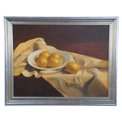 Retro Ronald E. Renmark Bowl of Lemons Fruit Still Life Oil Painting on Canvas