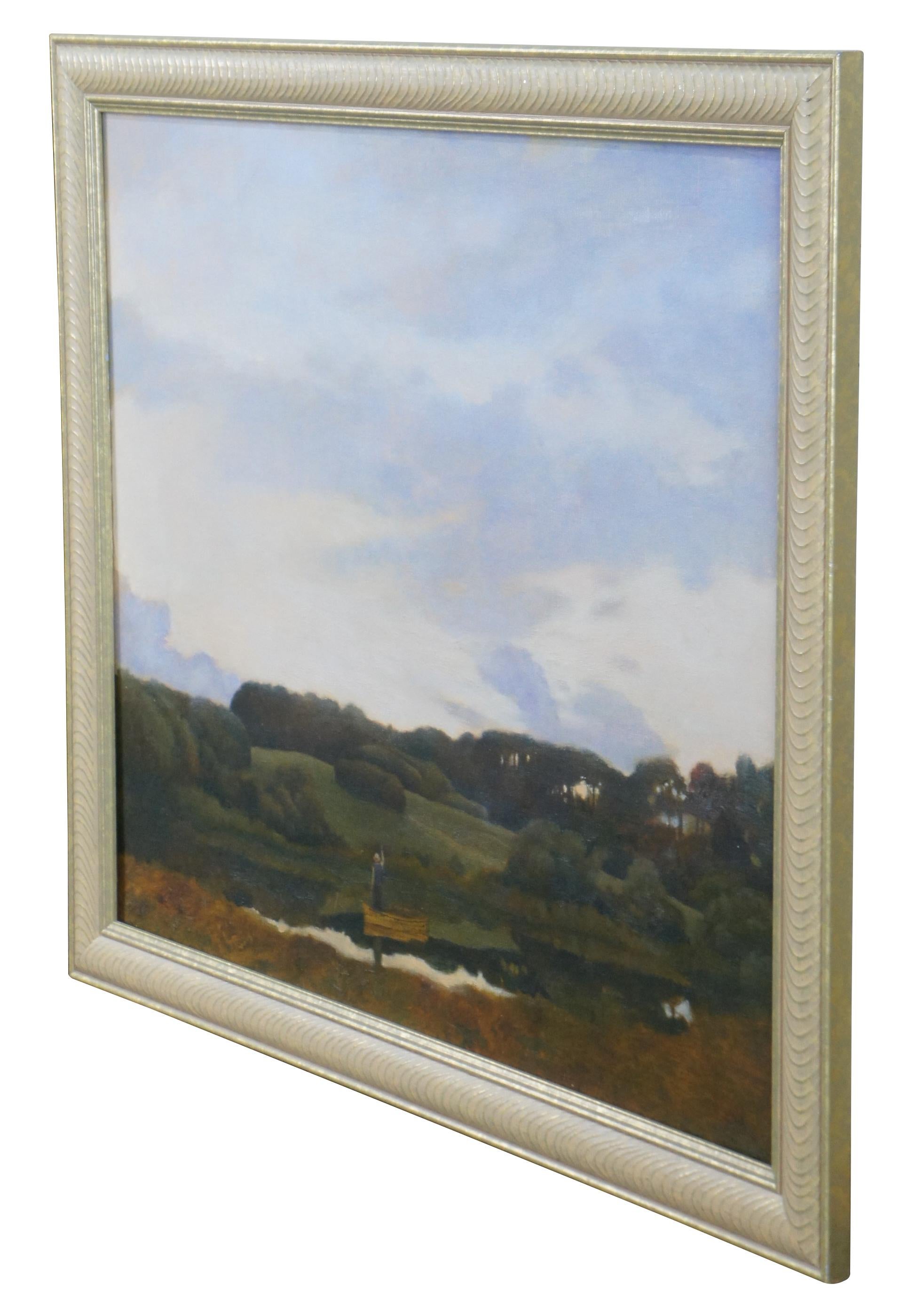 Vintage Ronald Renmark oil painting on canvas featuring an untouched natural landscape of a lake with a man standing and waving on a john boat / canoe, surrounded by a field of trees, hills and blue sky. From an undisclosed location in Virginia.