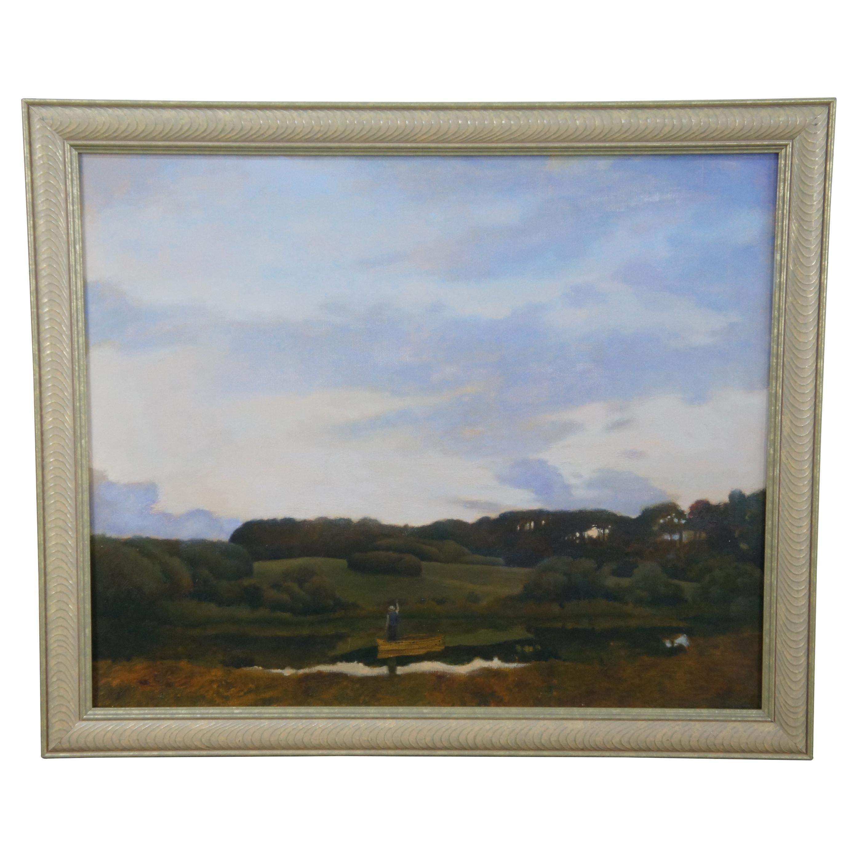 Ronald E. Renmark Paysage de campagne Bateau Lac Peinture à l'huile sur toile 39".