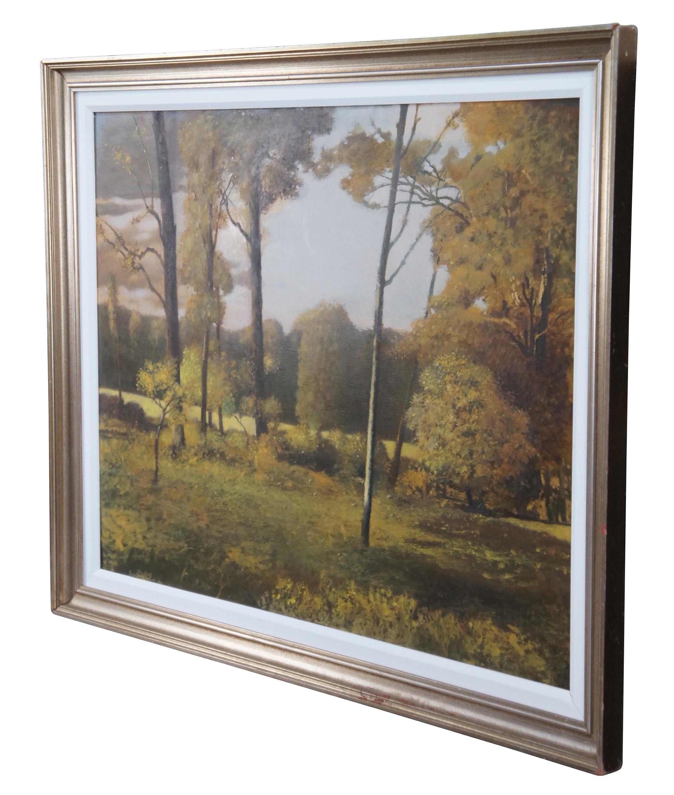Vintage Ronald Renmark oil painting on canvas featuring an untouched natural landscape of forest and trees tucked away somewhere in Virginia. Made by Ronald for a client of his that he was also decorating for.

Ronald Eastbourne Renmark (American