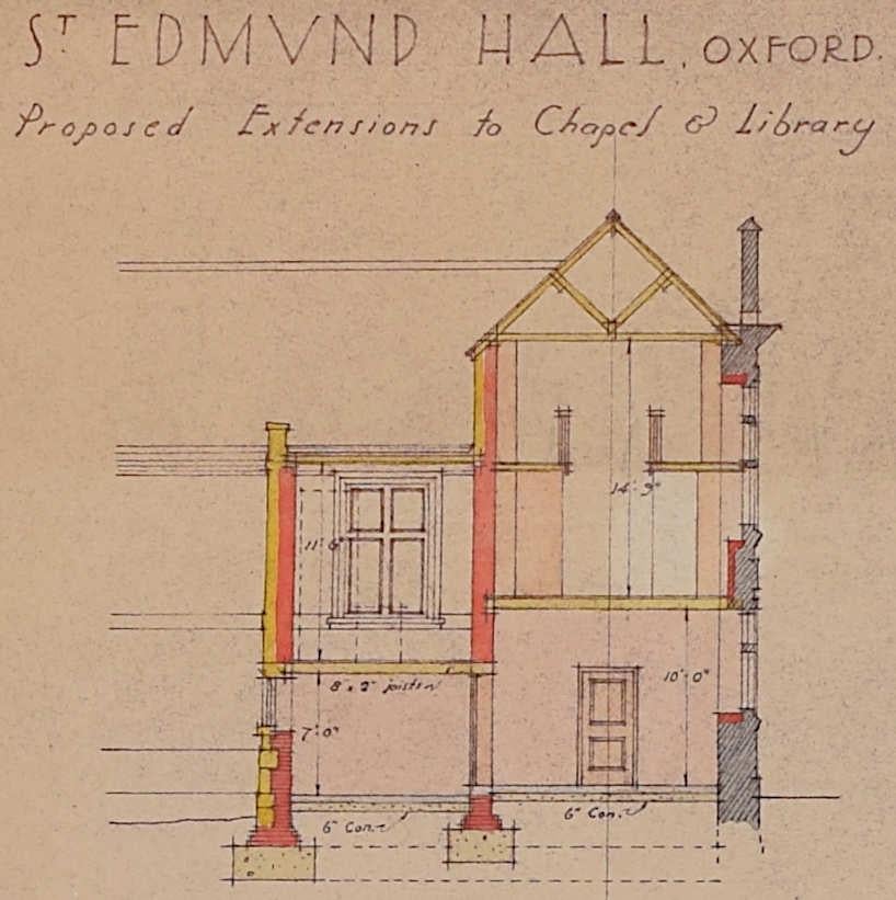Ronald Fielding Dodd (1890-1958)
St Edmund Hall - 1930 Proposed Extensions to Chapel and Library
Reproduction with hand colouring
54 x 40 cm

Ronald Fielding Dodd ARIBA was a Scottish architect and Associate of the Royal Institute of British