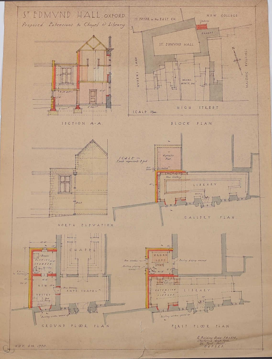 Ronald Fielding Dodd Print - St Edmund Hall - 1930, Proposed Extensions to Chapel and Library