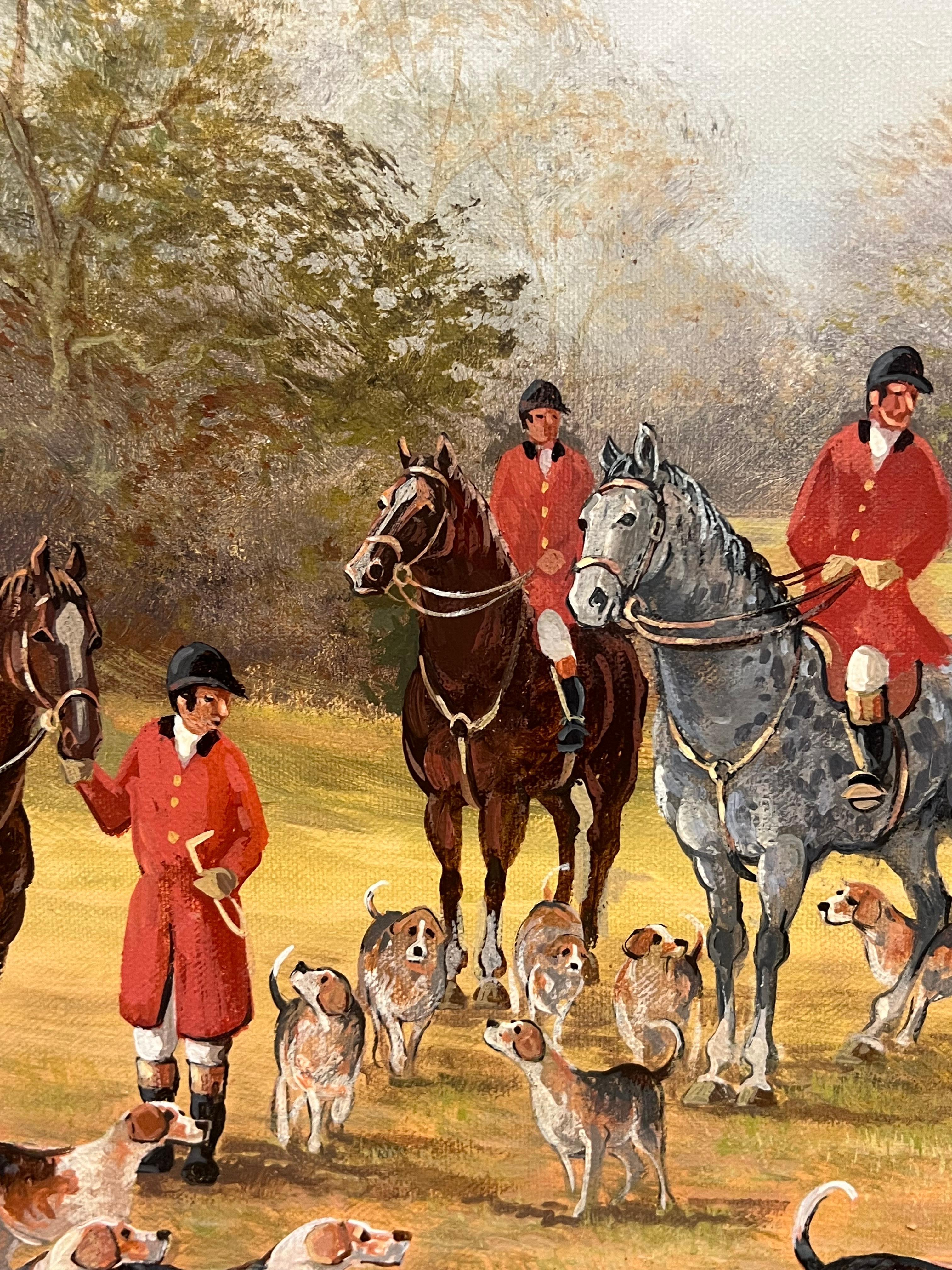 Gran escena de caza British Sporting Art Pintura al óleo Tudor Manor House & Church 5