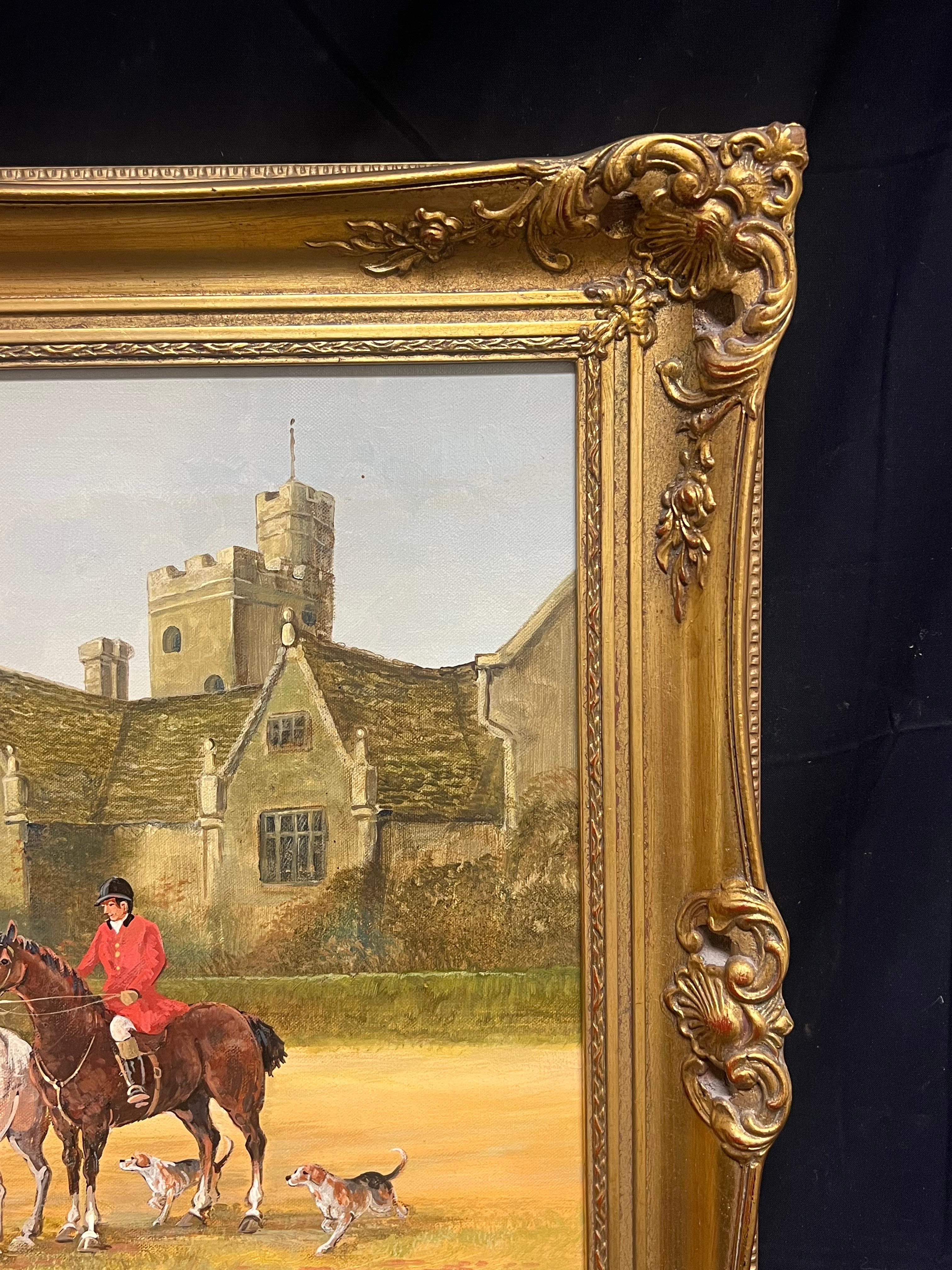Gran escena de caza British Sporting Art Pintura al óleo Tudor Manor House & Church 10