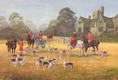 Large British Hunting Scene Sporting Art Oil Painting Tudor Manor House & Church