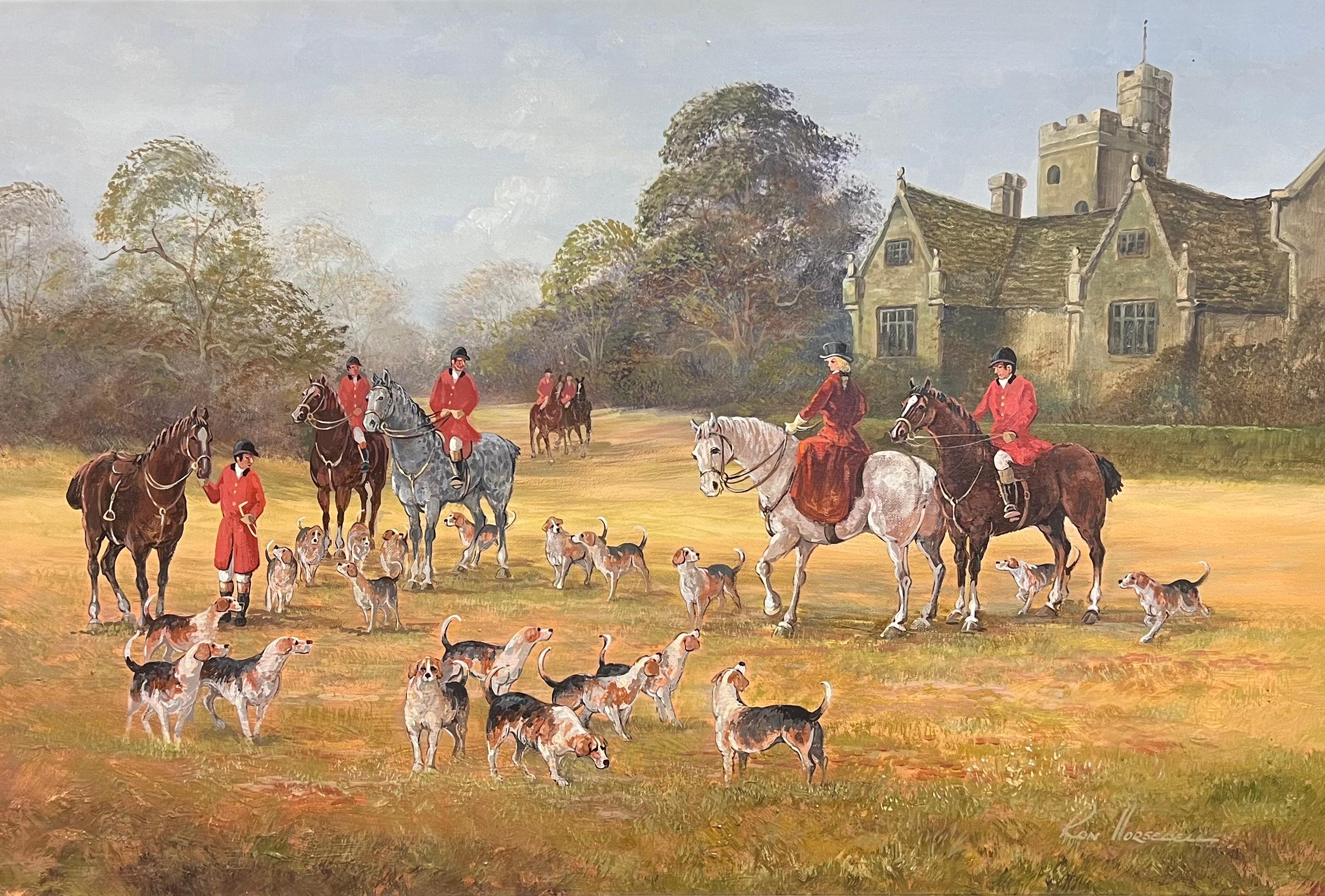 Gran escena de caza British Sporting Art Pintura al óleo Tudor Manor House & Church - Painting Escuela inglesa de Ronald Horsewell