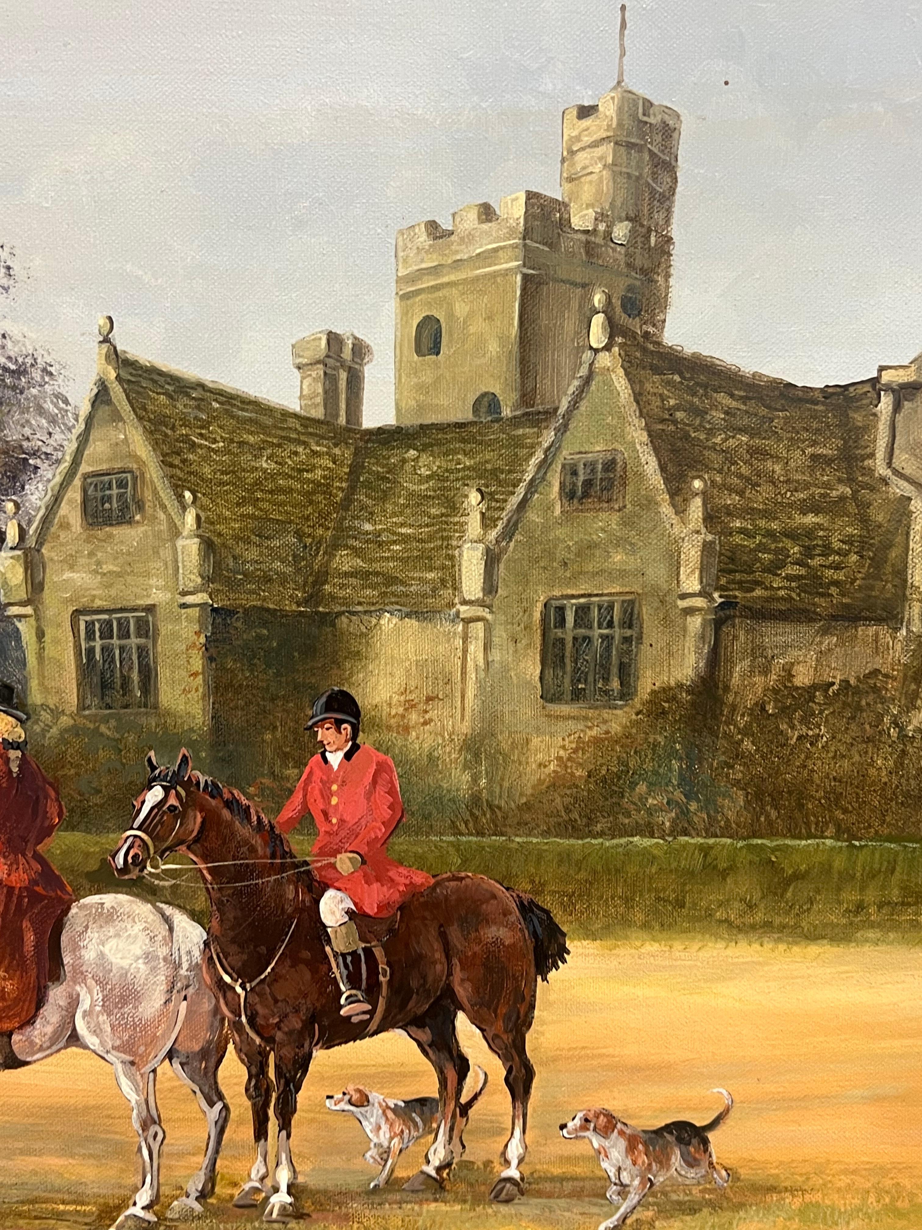 Gran escena de caza British Sporting Art Pintura al óleo Tudor Manor House & Church - Animal Painting Marrón de Ronald Horsewell