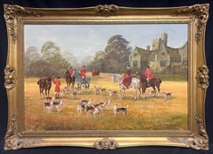 Gran escena de caza British Sporting Art Pintura al óleo Tudor Manor House & Church