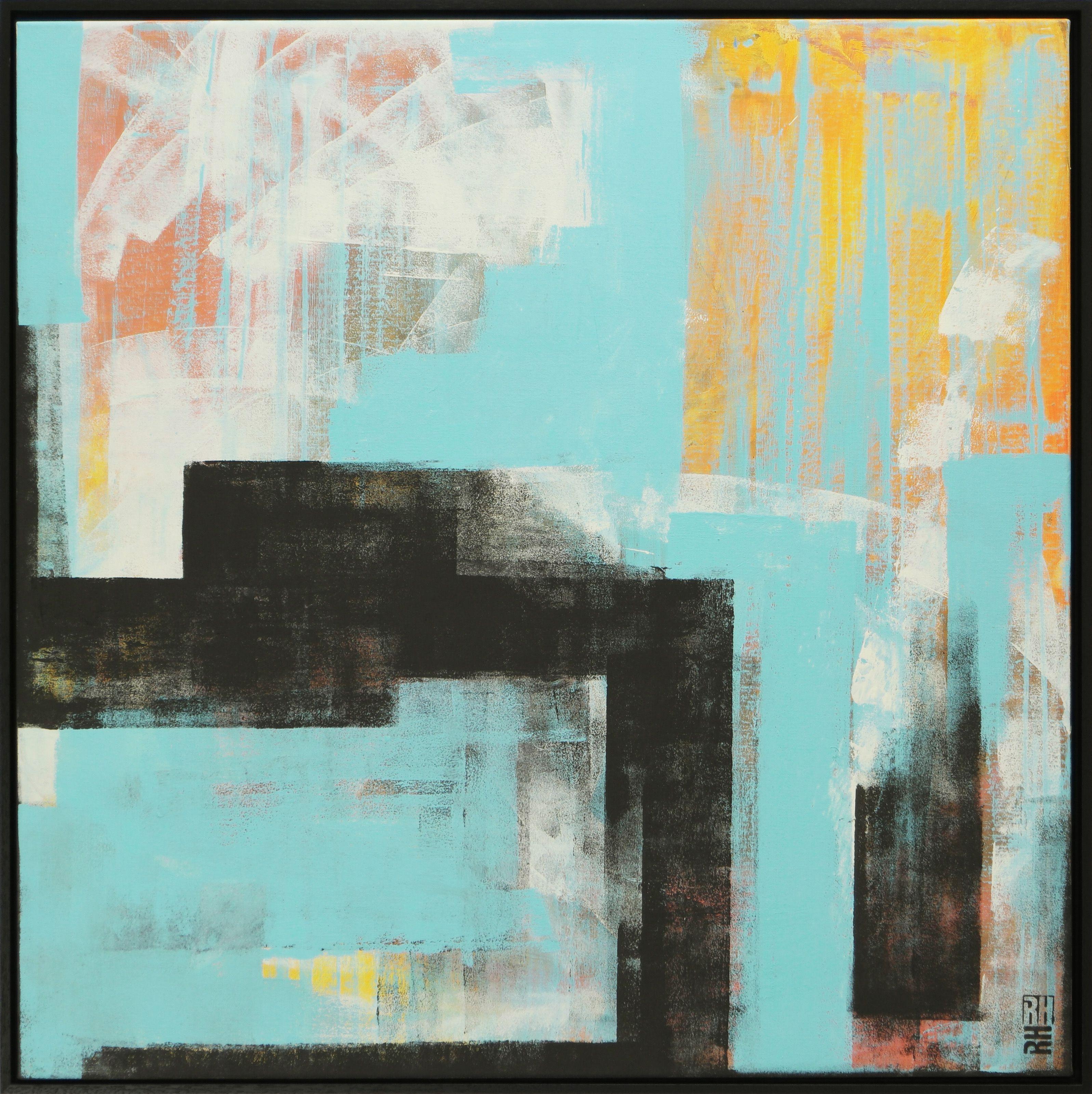 Abstract Painting di Ronald Hunter - Città astratta in blu - Incl. cornice, Pittura, Acrilico su tela