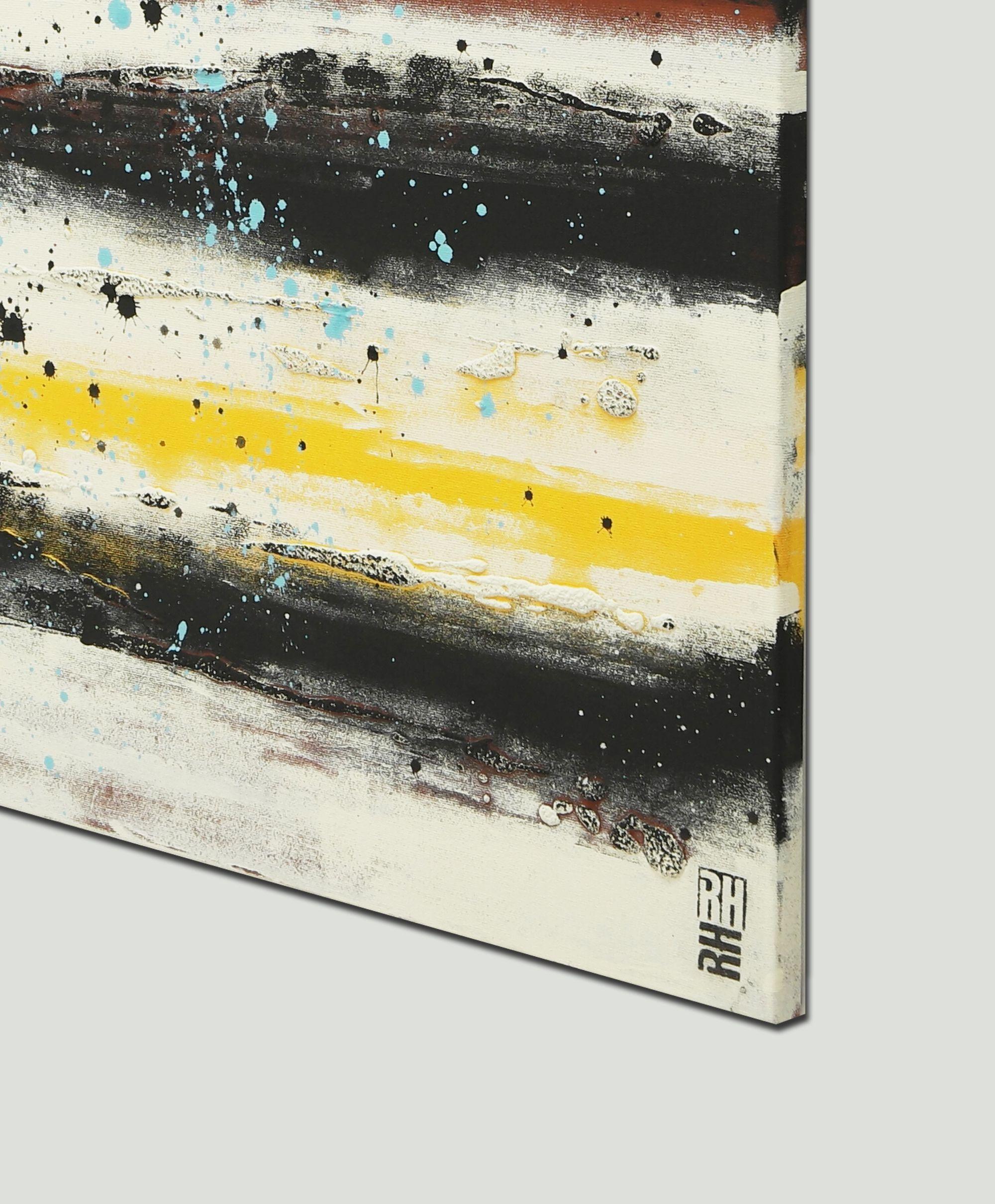 Acrylic Abstract Painting, Original artwork created by Ronald Hunter.    A touch of color to warm up your home. For this painting I have combined a stylish off-white (or pale beige) with dark grey and warm undertones. The light blue splatters bring